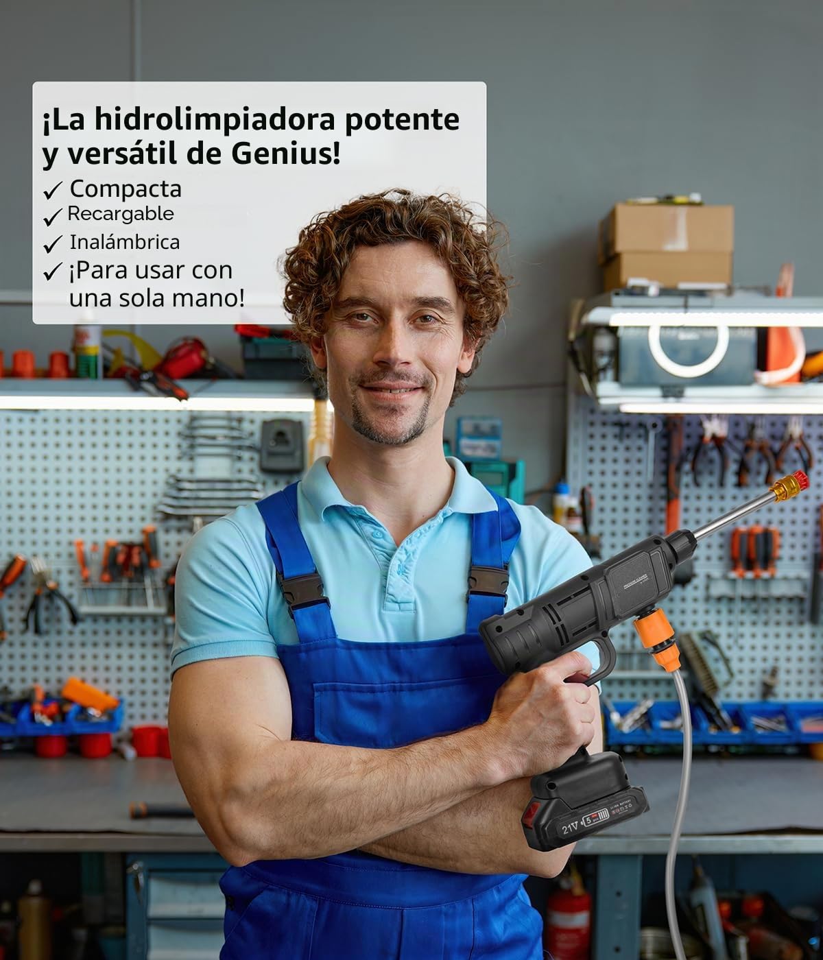 Genius Limpiador a presión inalámbrico Pressure Cleaner 12 Piezas, Pistola Profesional de Lavado a presión para Coche, con batería y Manguera de Agua de 5 m, Limpiador a presión portátil para terraza