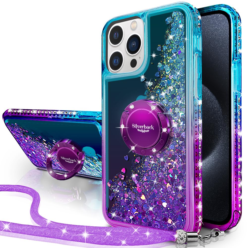 Silverback for iPhone 15 Pro Max Case, Liquid Holographic Sparkly Glitter Case with Stand and Lanyard, Women Girls Bling Diamond Ring Shockproof Protective Cover for iPhone 15 Pro Max 6.7''- Purple