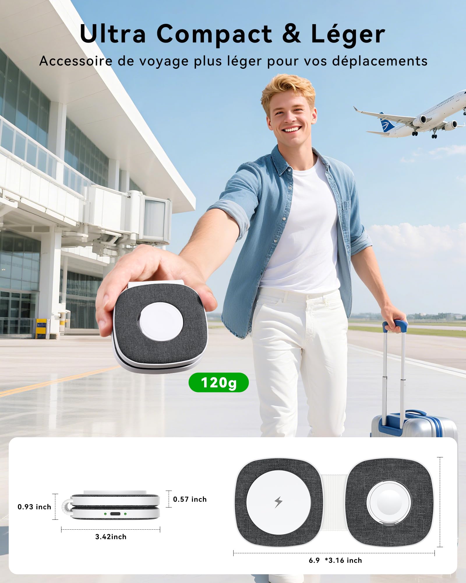 Chargeur sans Fil Mag-Safe Flottant 2 en 1 pour iPhone 16 15 14 13 12, Apple Watch Series/Ultra/SE, Airpods/Pro, Chargeur Portable Magsafe 3 en 1