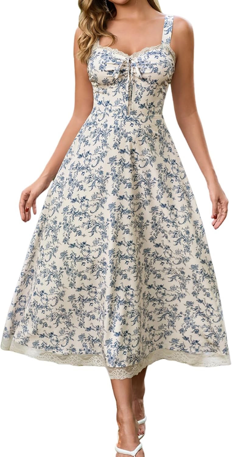 Floral Corset Wedding Guest Midi Dress Tie Front Sweetheart Lace A Line Flowy Tea Party Dresses for Women