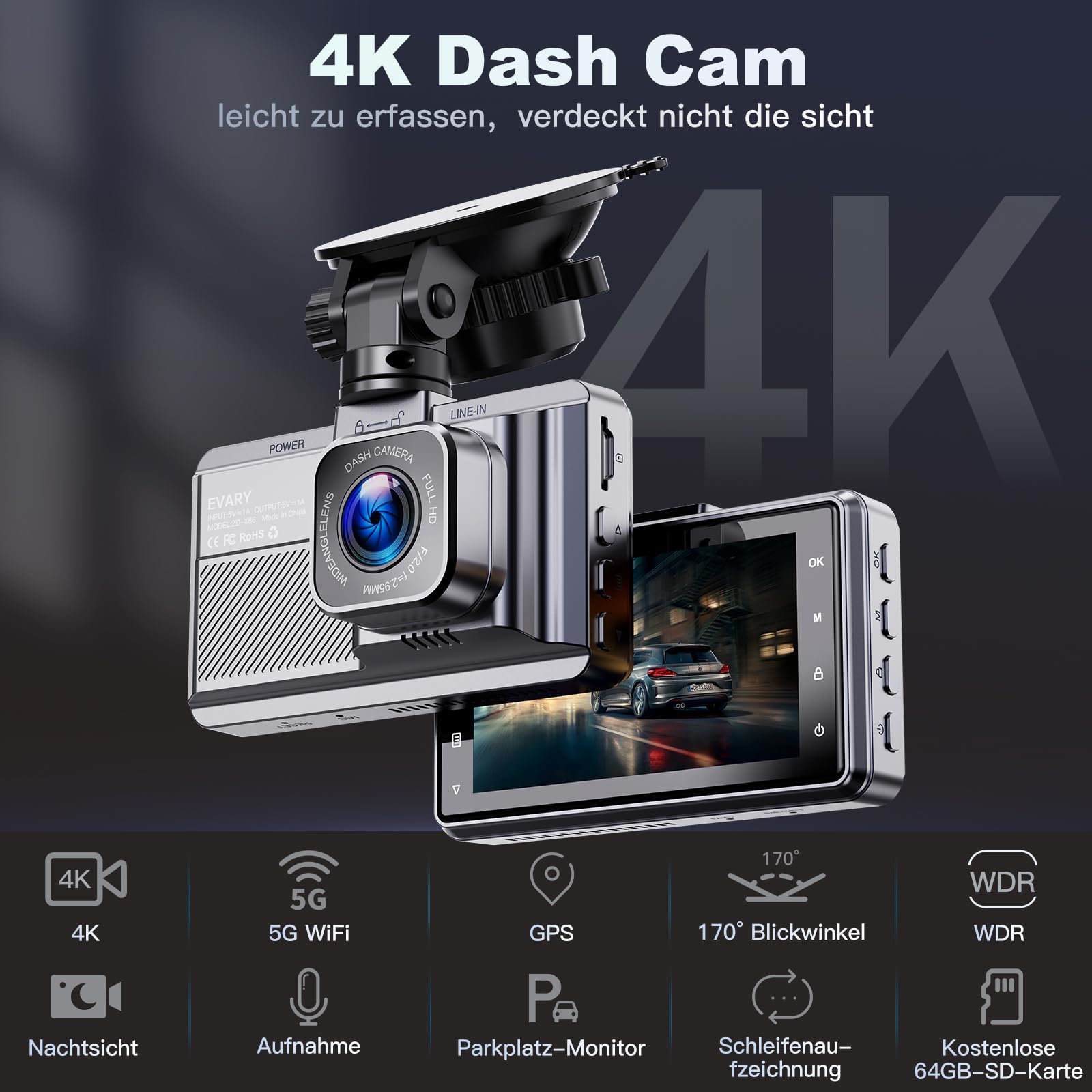Dashcam Auto 4-Kanal 2K/1080P - 360° Überwachung Mit 64GB Karte & Parkmodus
