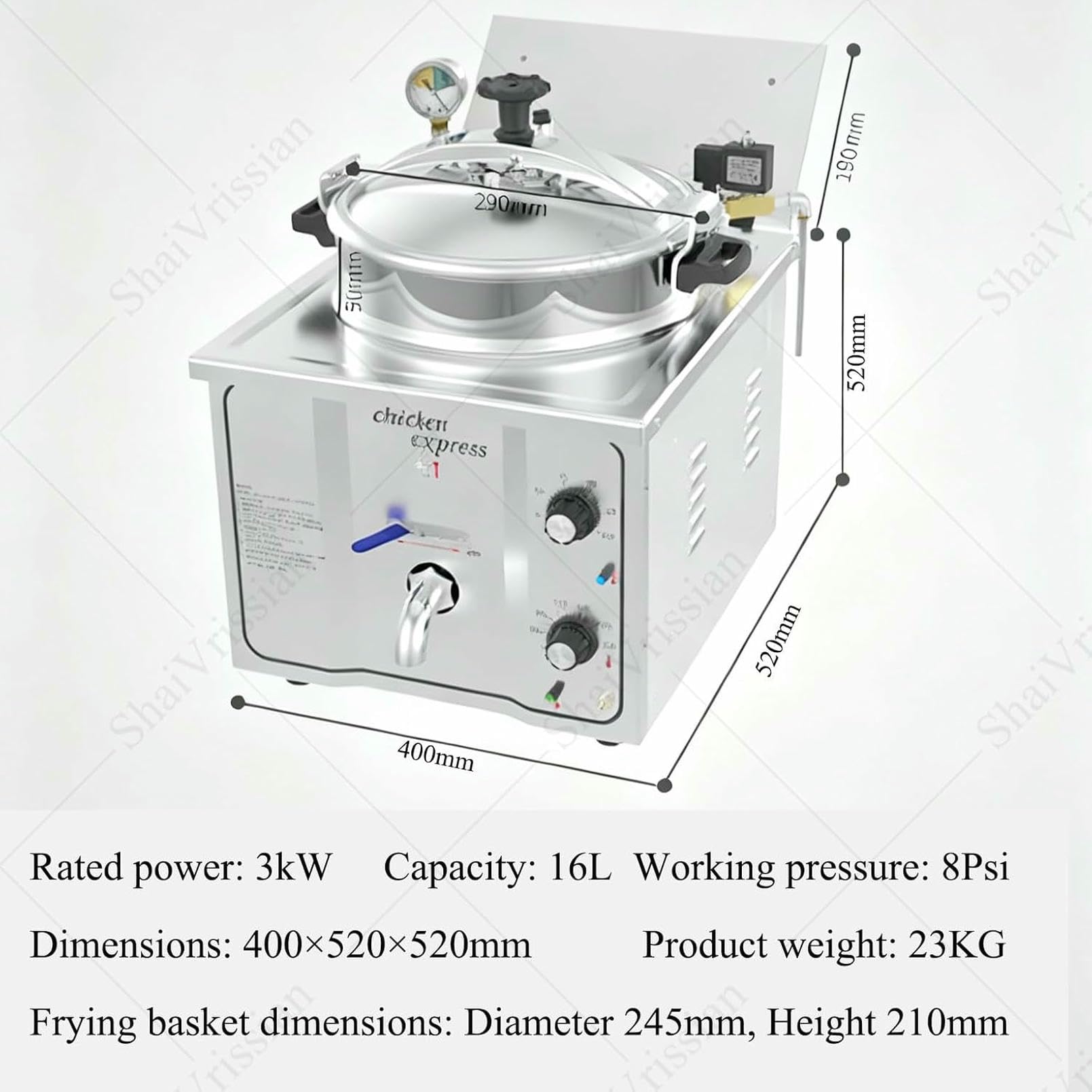 Freidora A Presión Eléctrica Comercial De 16 L, Freidora De Encimera De Acero Inoxidable De 3 KW, Temperatura Ajustable De 50-200 ℃, con Temporizador Y Bloqueo De Seguridad, para Restaurante