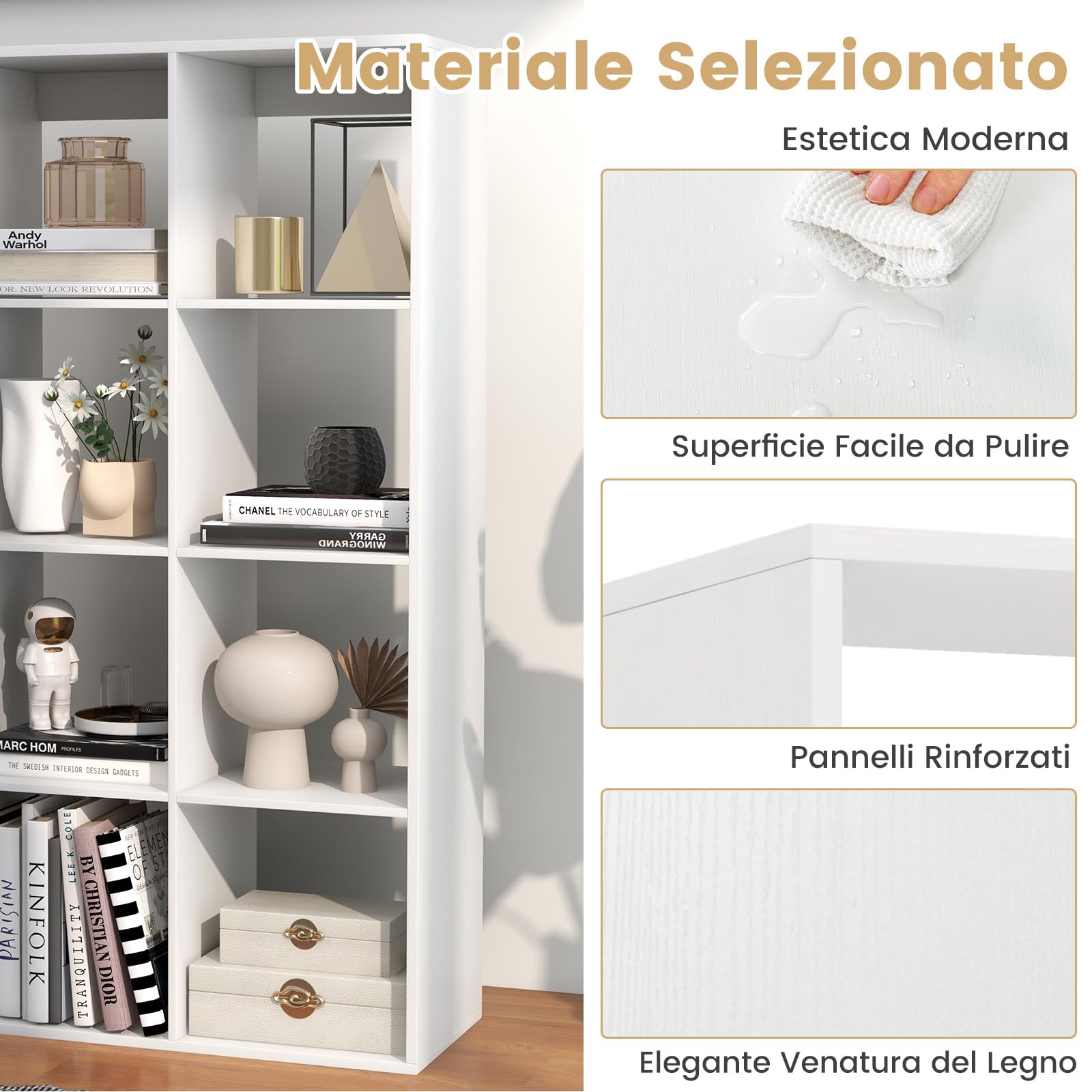 COSTWAY Libreria a 8 Cubi con Sbarra di Protezione e Kit Anti-Ribaltamento | Organizer a 4 Livelli Autonomo con Ripiani per Soggiorno, Camera da Letto, Studio, 69,5 x 33 x 137 cm