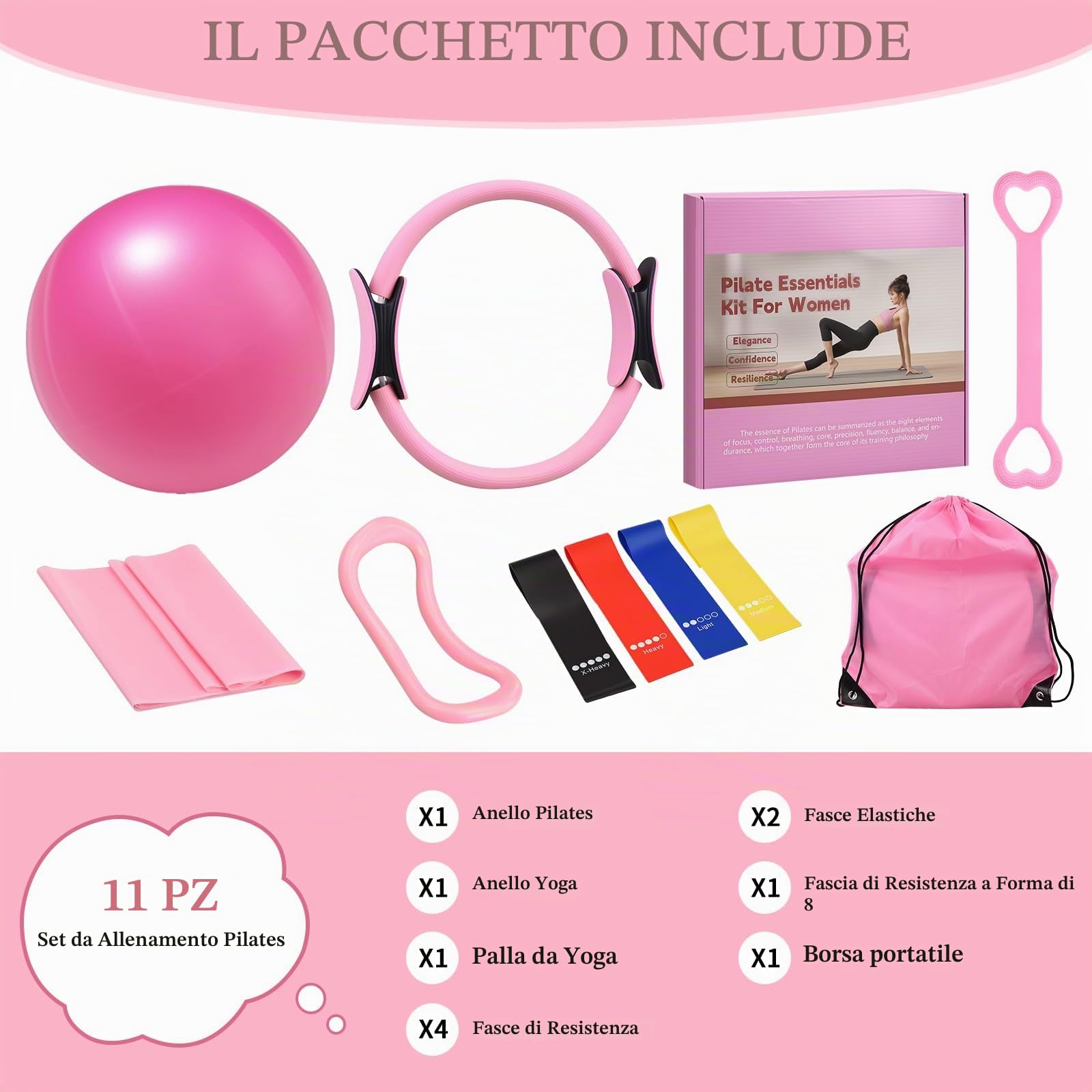 Set di 10 Accessori per Pilates,Kit Pilates Essenziale per Donne con Palla da Yoga,per Donne con Palla da Yoga,Palla da Yoga,Anello da Yoga,Borsa Portatile,Anello di Tensione,Fascia Fitness