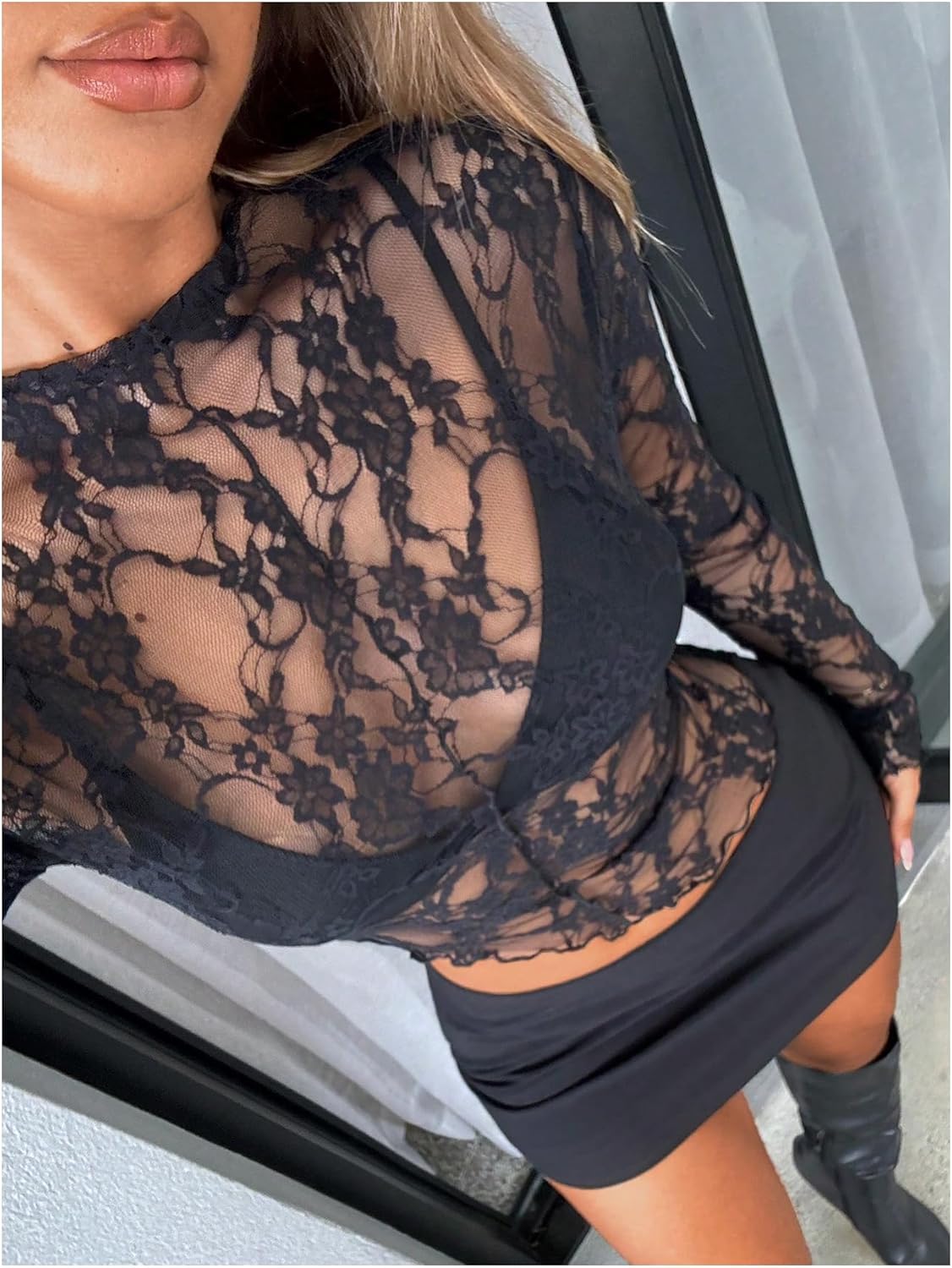 MakeMeChic Women's Floral Lace Sheer Top Crewneck Long Sleeve Lettuce Trim Party Club Tops - Image 4