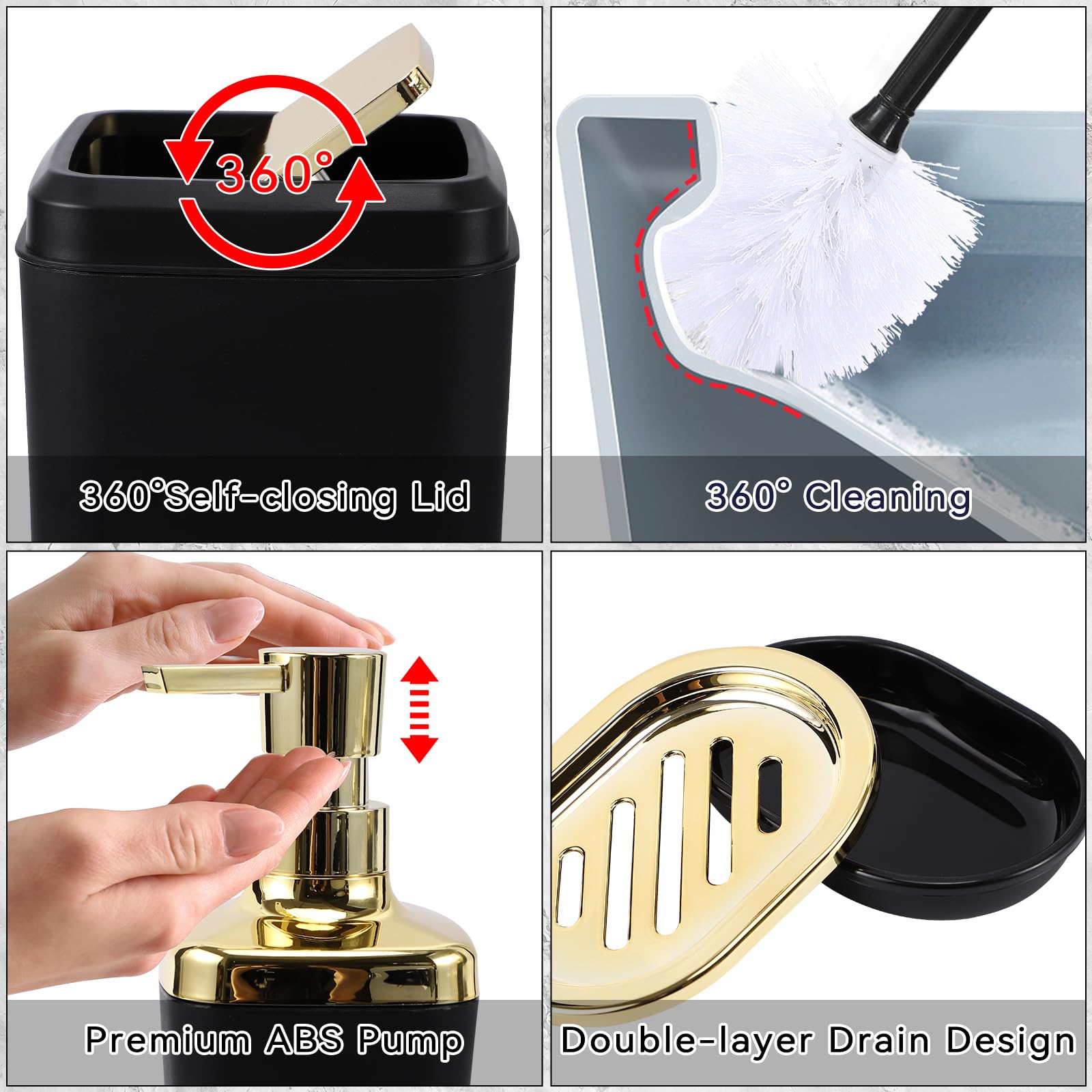 XLHOMO Juego de 22 piezas de accesorios de baño negros completos con cortina de ducha negra degradada, papelera, soporte para cepillo de dientes, vaso para cepillo de dientes, dispensador de jabón,