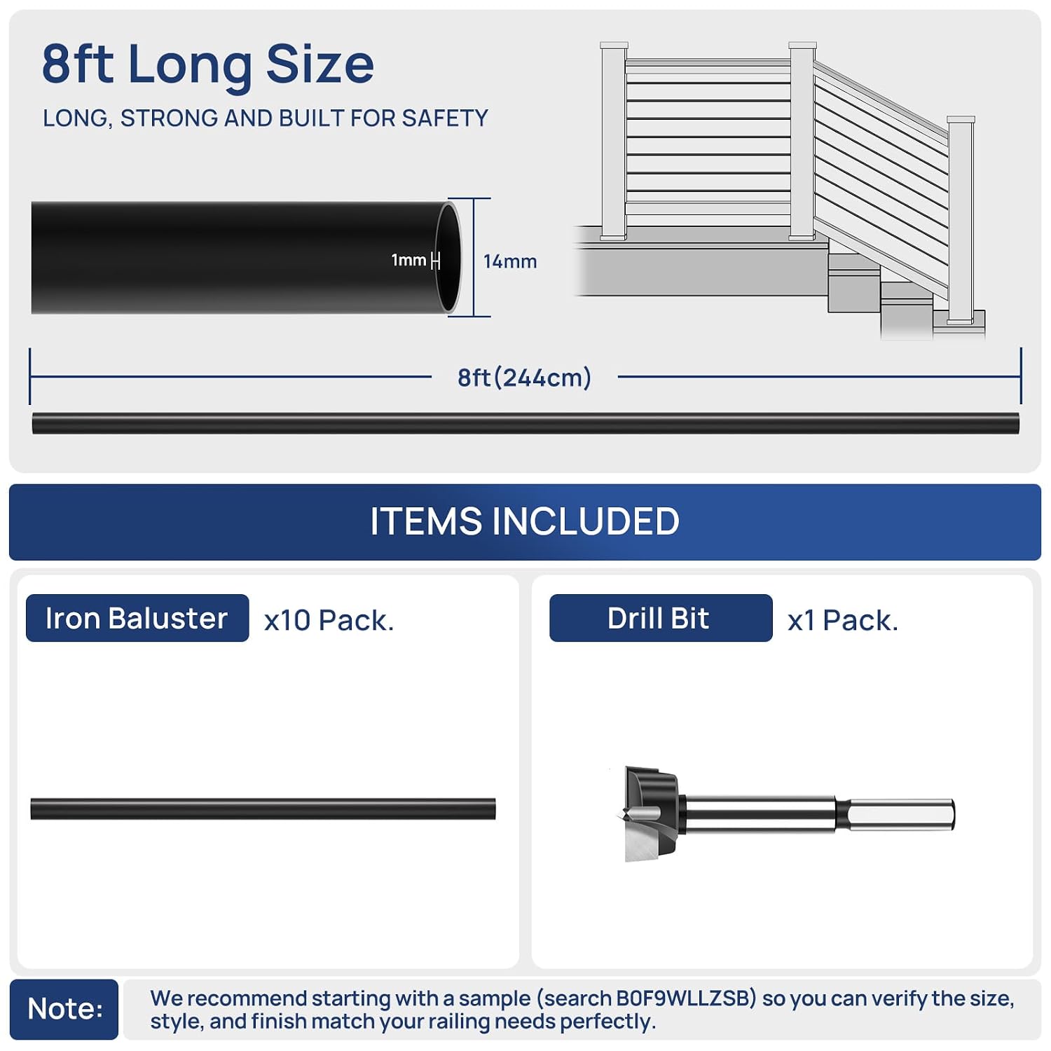 10 Pack 8 FT x 35/64 inch Iron Stair Balusters with 14mm Wood Drill Bit, Matte Black Hollow Horizontal Interior Baluster, Stair Railing Spindles for Indoor Staircase