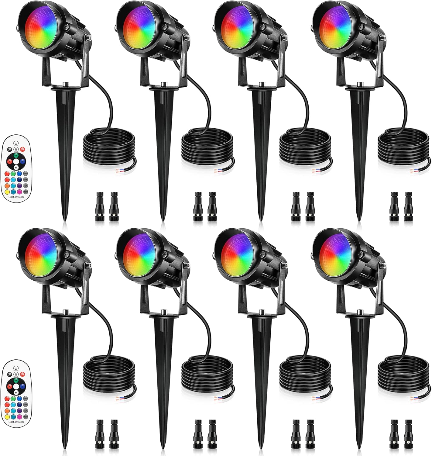 12W RGBW Color Changing Landscape Lights - Low Voltage LED Landscape Lighting, Remote Control Spotlight Outdoor Waterproof Garden Pathway Halloween Christmas Spot Lights, 8 Pack with Connector