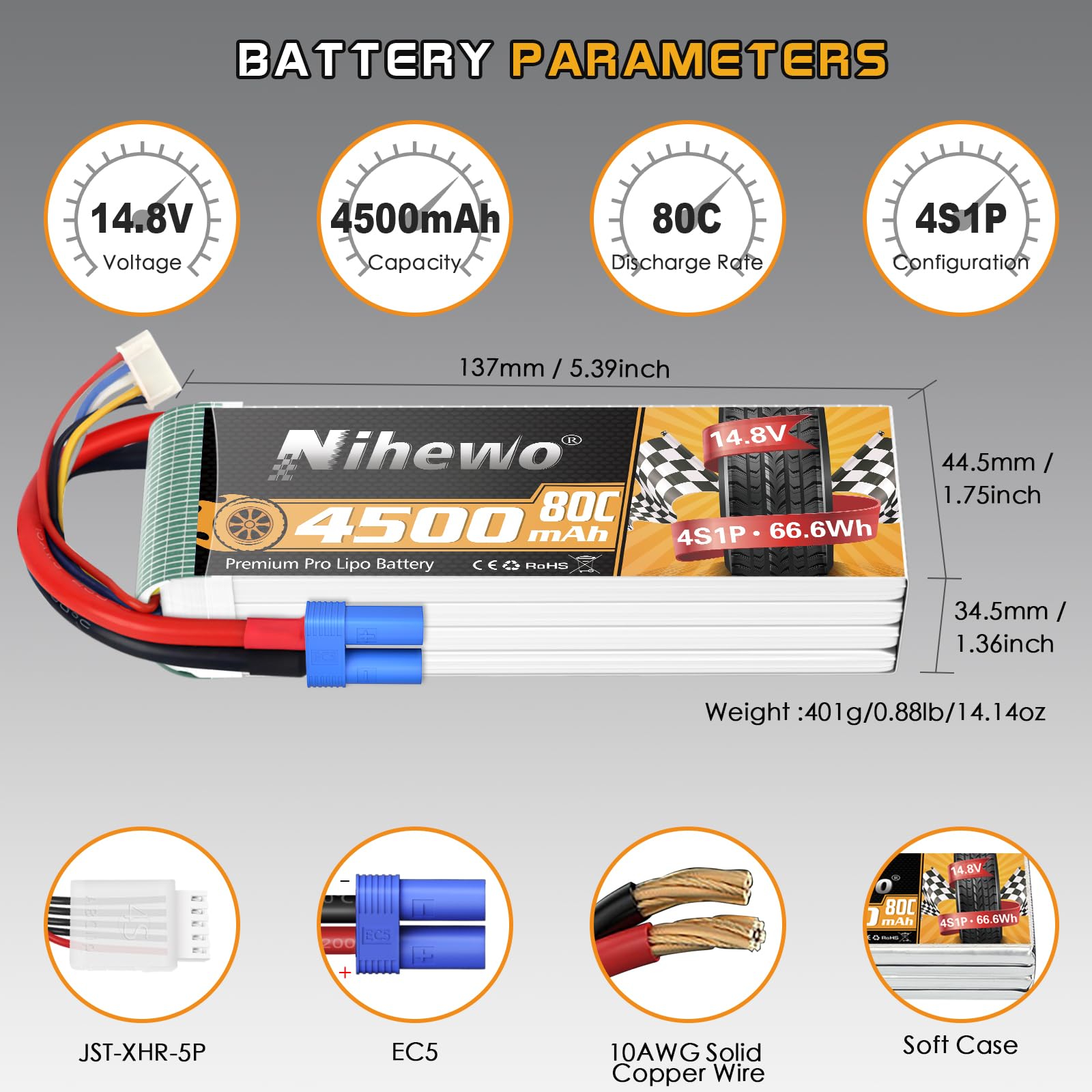 4S Lipo Akku 14.8V 4500mAh 80C EC5 Stecker für RC Auto Boot 2Stück | RC Akku 14.8V 4S 4500mAh Weiches Gehäuse Kompatibel mit 1/6 1/8 Maßstab RC Auto LKW Fahrzeug Flugzeug Hubschrauber Boot Tank