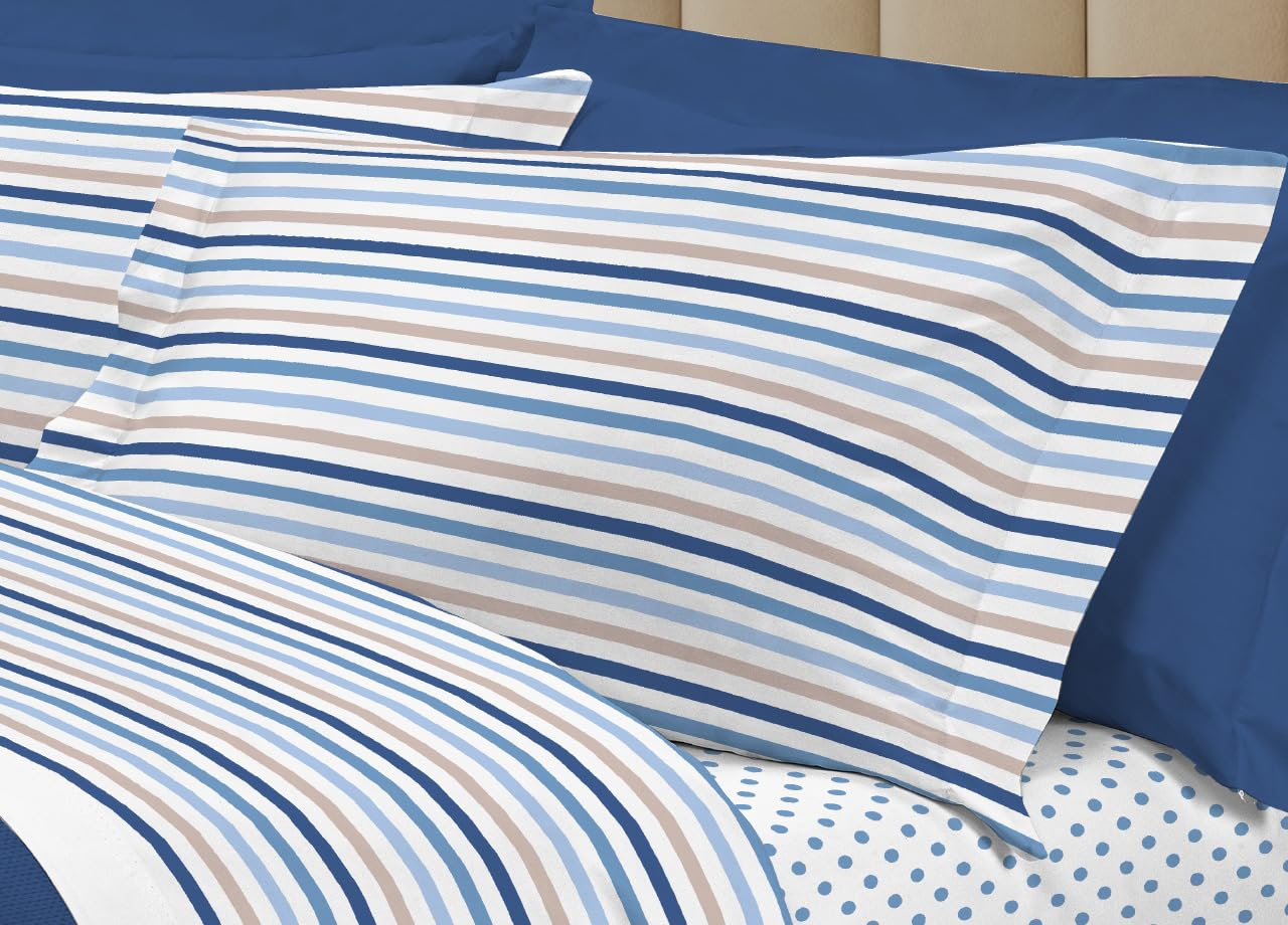 BIANCHERIAWEB Completo Lenzuola Letto 100% Cotone Italy 3027 Disegno Riga Dots Piazza E Mezza Blu