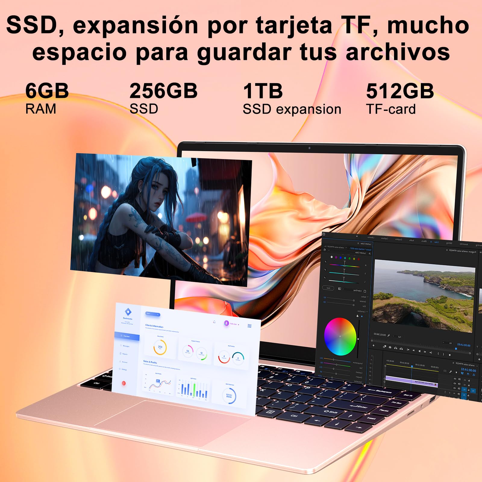 Ordenador Portatil Celeron N4020 Up to 2.8Ghz, Ordenadores Portatiles 14 Pulgadas Win 11 con 5G WiFi 6+256GB SSD Expansión 1TB, BT 4.2 1920*1080 FHD Mini Puerto Multimedia Portatiles Buenos-Oro