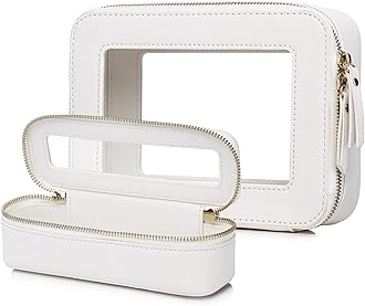 Clear Travel Makeup Bag with Brush Case Portable Transparent Cosmetic Bag and Toiletry Bag Waterproof Makeup Organizer with Zipper Car Essential for Women (White, M+Slim)