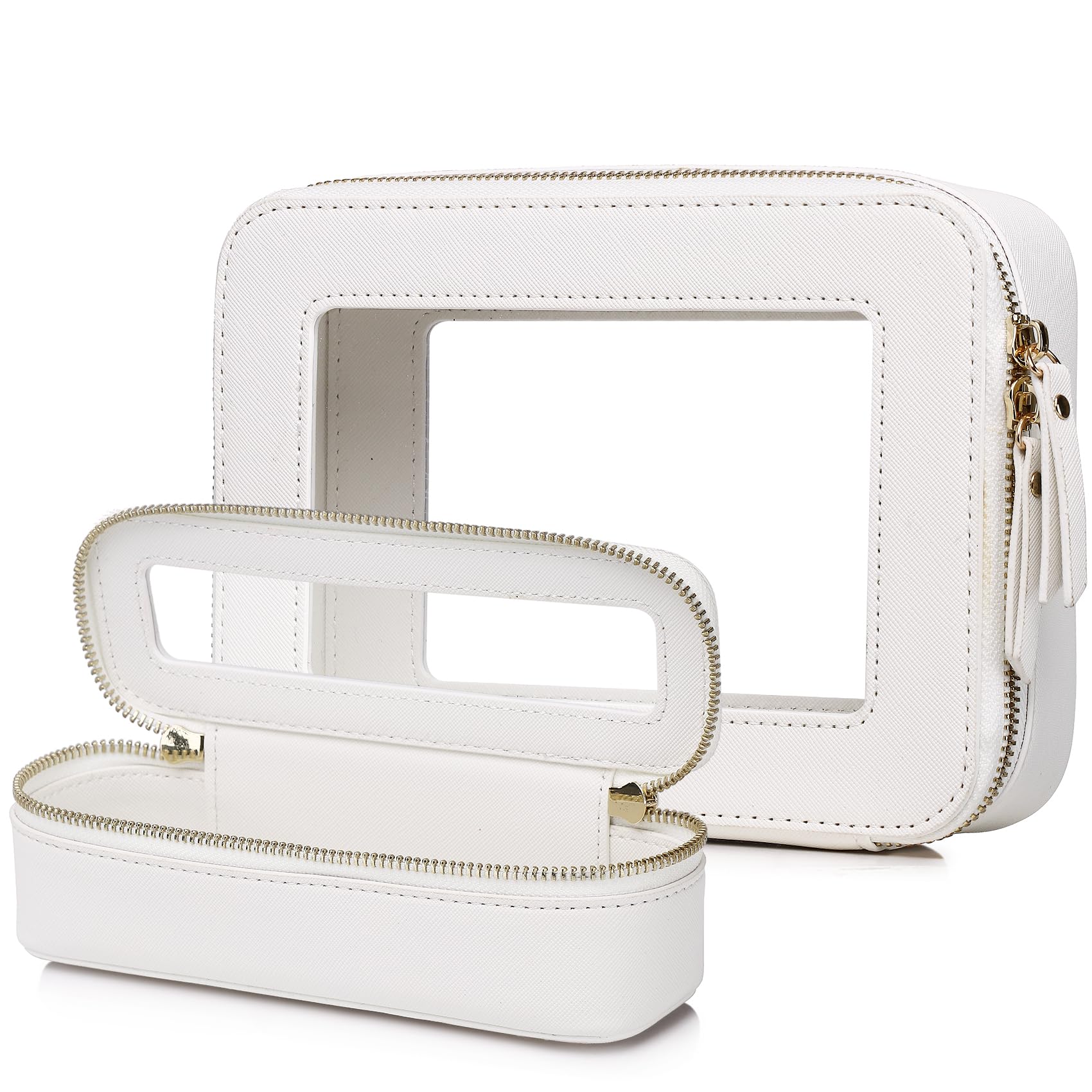 Clear Travel Makeup Bag with Brush Case Portable Transparent Cosmetic Bag and Toiletry Bag Waterproof Makeup Organizer with Zipper Car Essential for Women (White, M+Slim)