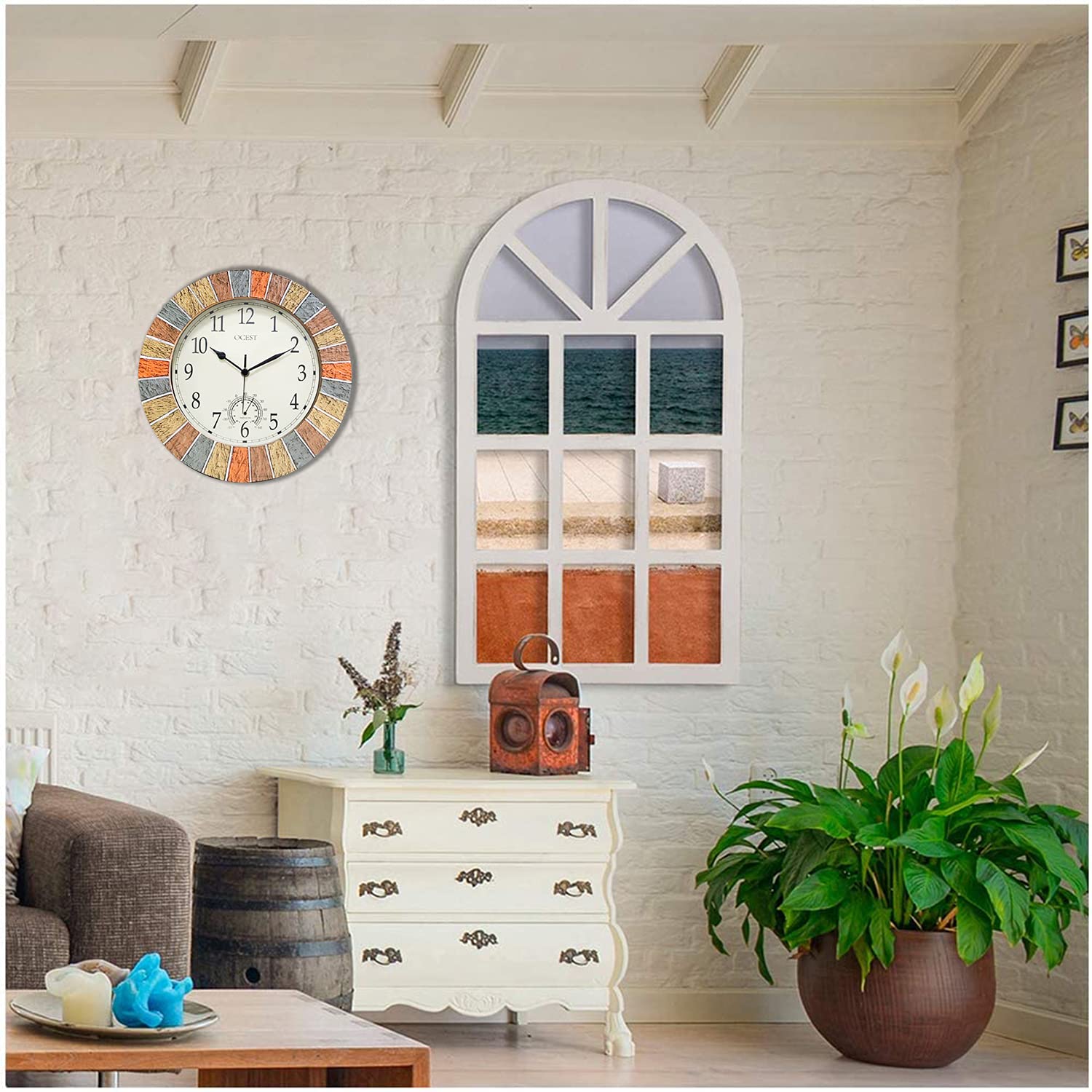 Ocest Grande orologio da parete per interni ed esterni, impermeabile, con termometro, resistente alle intemperie, senza ticchettio, a batteria, per patio, piscina, Lanai, recinzione, giardino, bagno