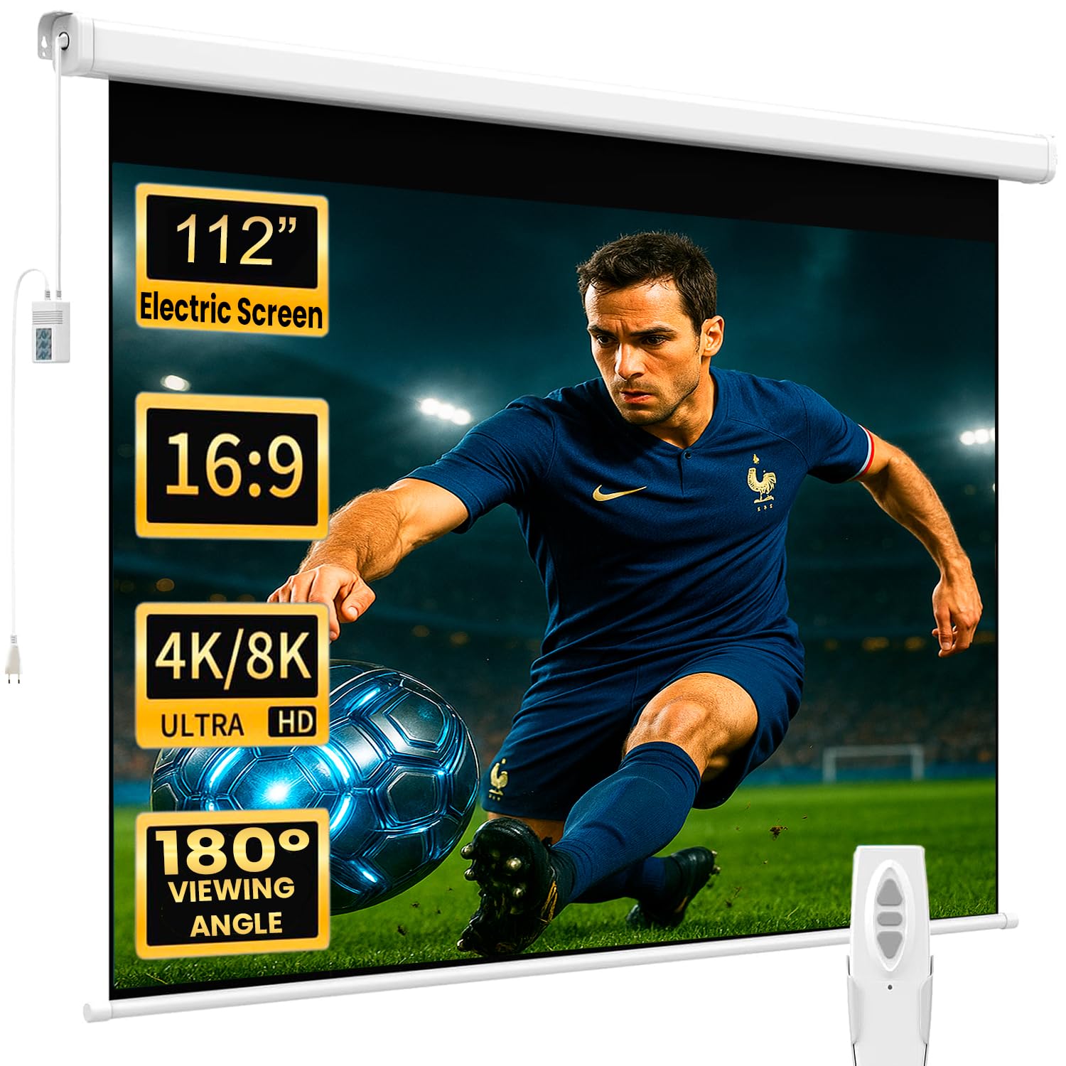 Écran de Projection motorisé Luxscreen de 112 Pouces. Dimensions du Tissu : 1,97 x 1,97 m. Boîtier en Acier de 2,23 m. Tissu Blanc Mat avec Gain de Brillance 1.1. Télécommande Incluse.