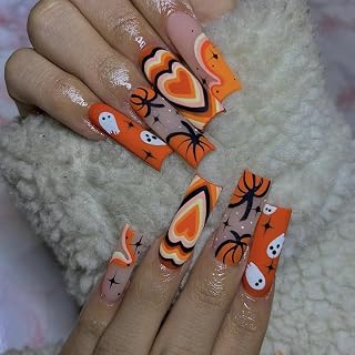 Halloween Press on Nails Long Coffin Fake Nails French Tip False Nails with Ghost and pumpkin Designs Acrylic Glue on Nails Pink Matte Full Cover DIY Halloween Manicure Tips (Orange, Long)
