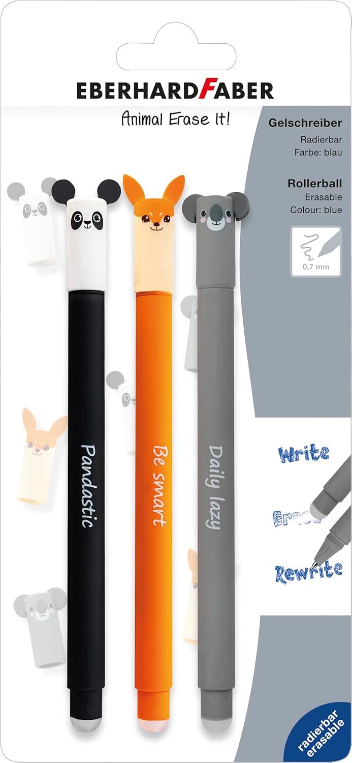 EBERHARD FABER 582123 Erasable Rollerball Pen, 3 Animal Erase It Panda, Fox, Koala, Gel Pen Blue 0.7 mm