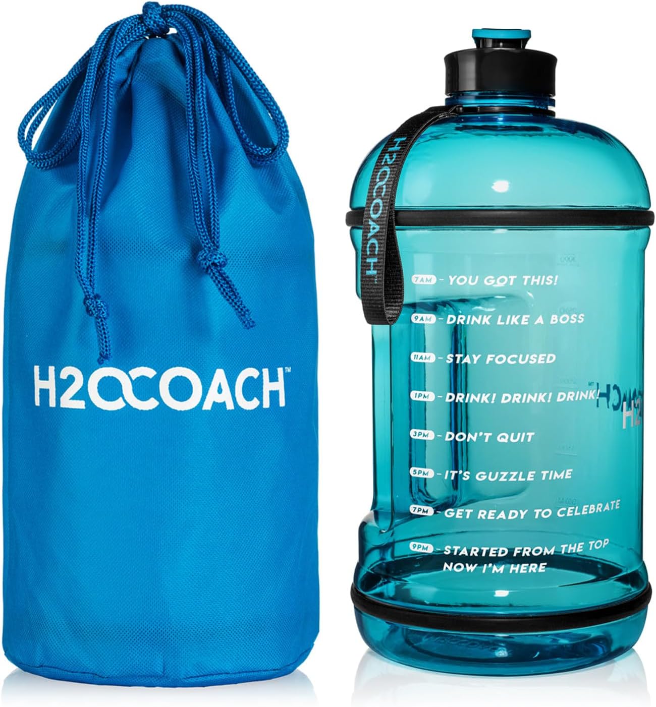 H2OCOACH 1 Gallon Hydration Jug with Time Marker & Measurements, BPA-Free Tritan Sports Drink Container, Motivational Daily Intake Tracker for Gym, Workout, & Fitness Routines (128 oz, Blue)