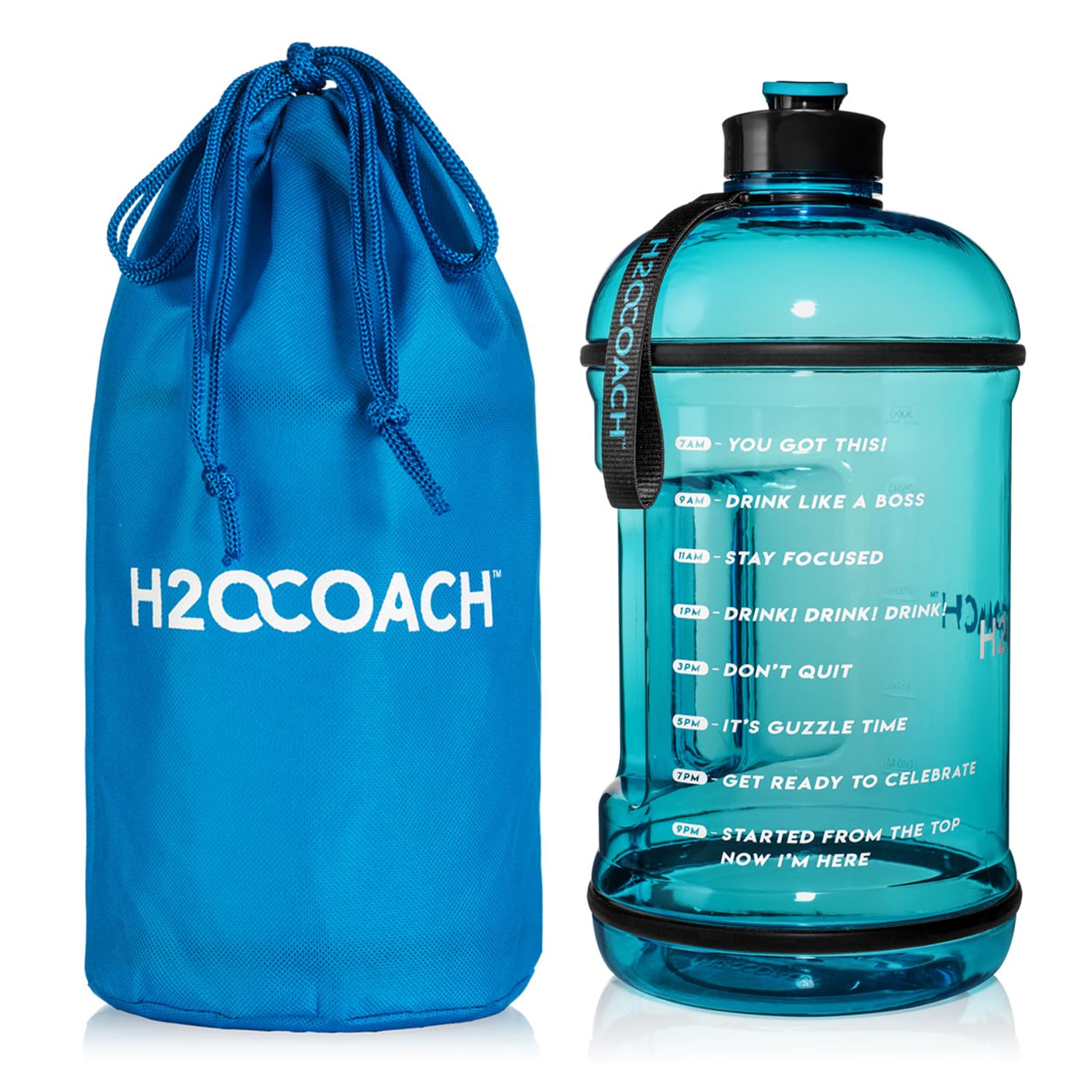 H2OCOACH 1 Gallon Hydration Jug with Time Marker & Measurements, BPA-Free Tritan Sports Drink Container, Motivational Daily Intake Tracker for Gym, Workout, & Fitness Routines (128 oz, Blue)