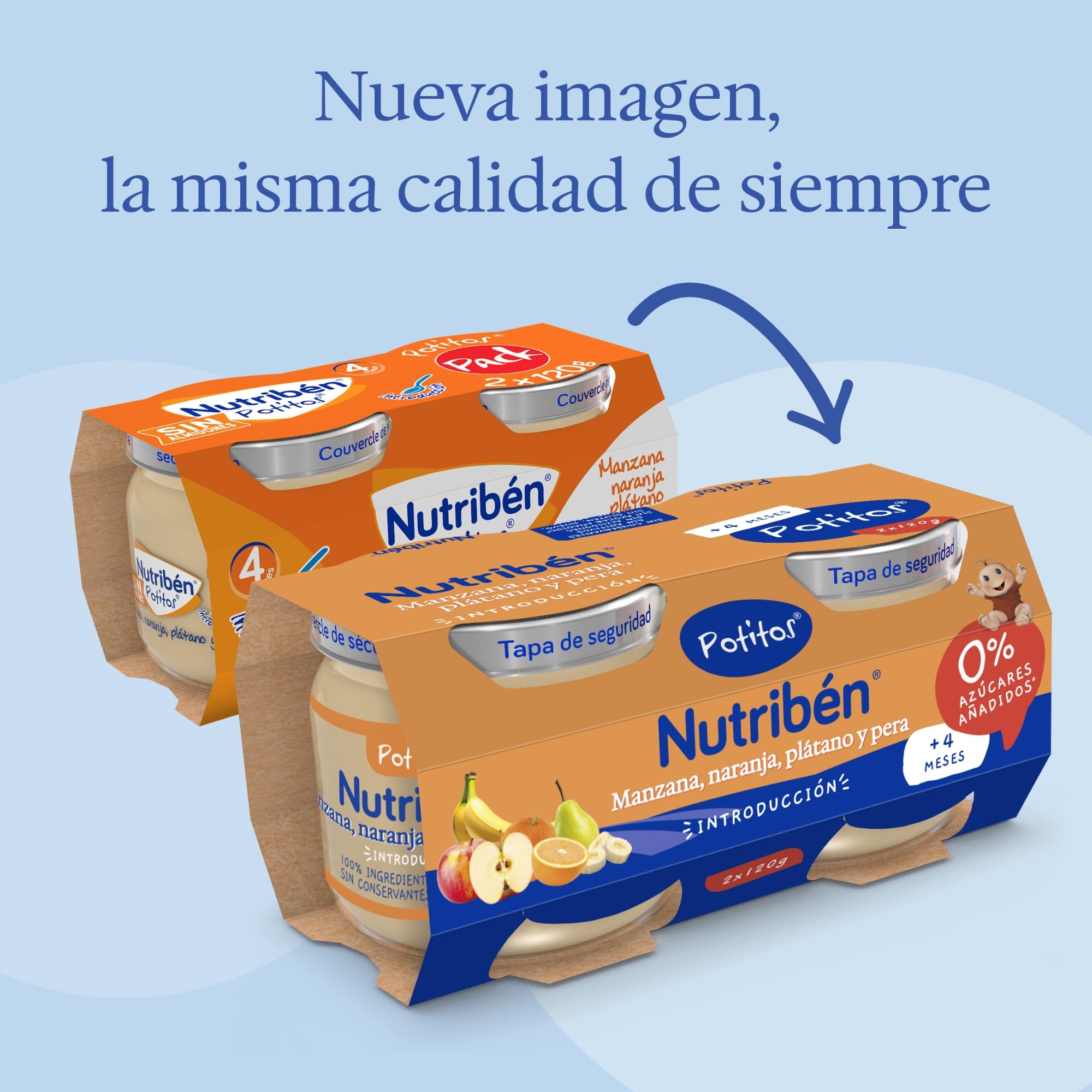 Nutribén Potitos pack Merienda Manzana Naranja Plátano Pera Sin almidones 4 meses 3 bipacks 6x120gr