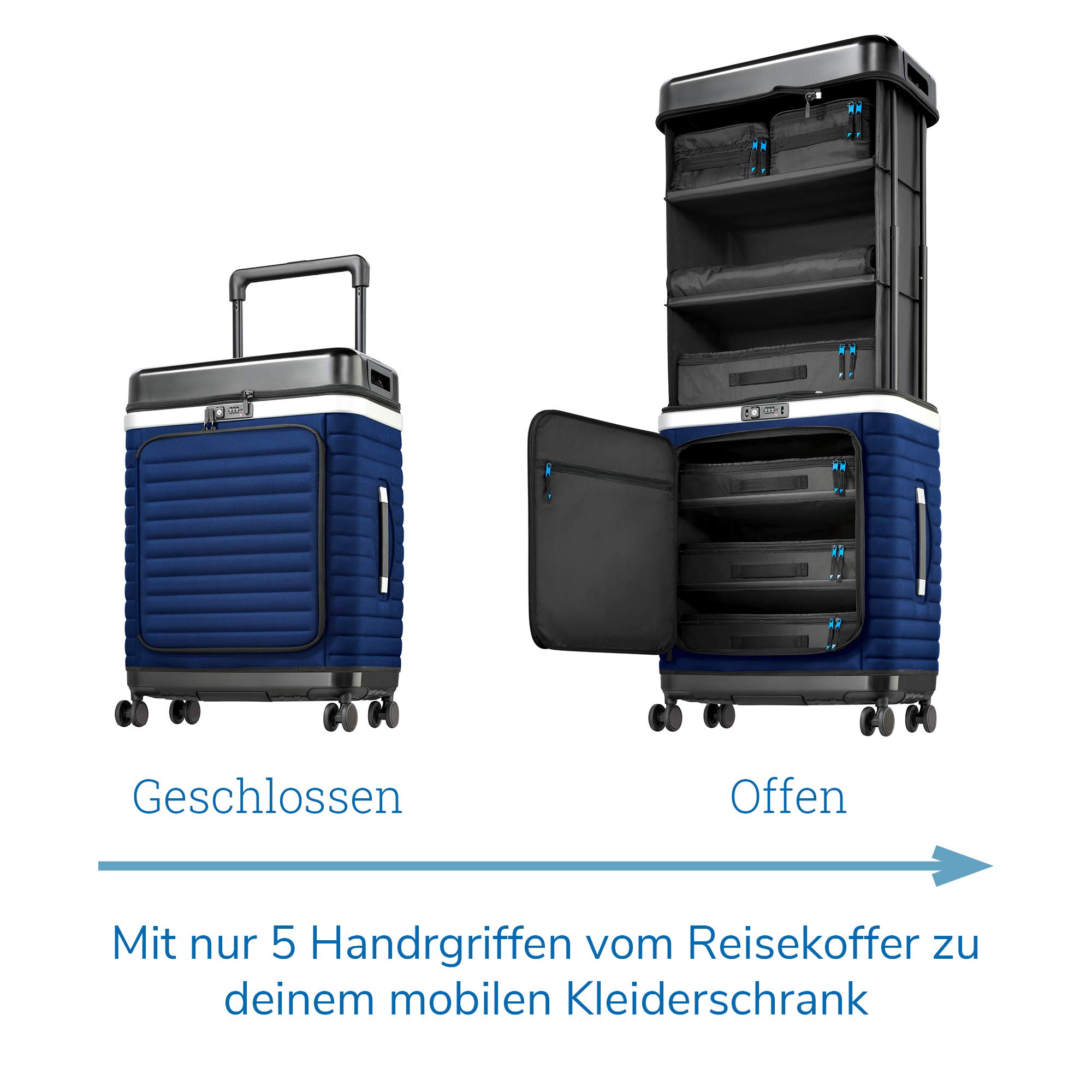 Pull Up Suitcase Estate Blue - Twoja mobilna szafa na ubrania. Rozkładana walizka podróżna z przegródkami, niebieski, 76 cm