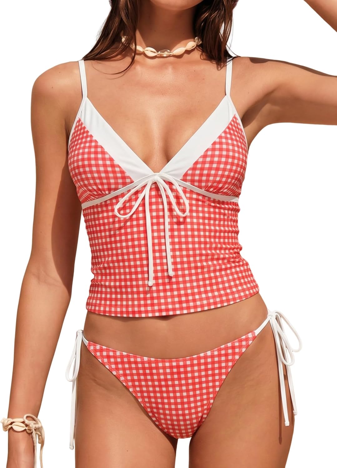 ZAFUL Women Two Piece Tankini Set Low Waisted Tie Side Tankini Swimsuit Cute V Neck Modest Swimwear Cute Summer Bathing Suit
