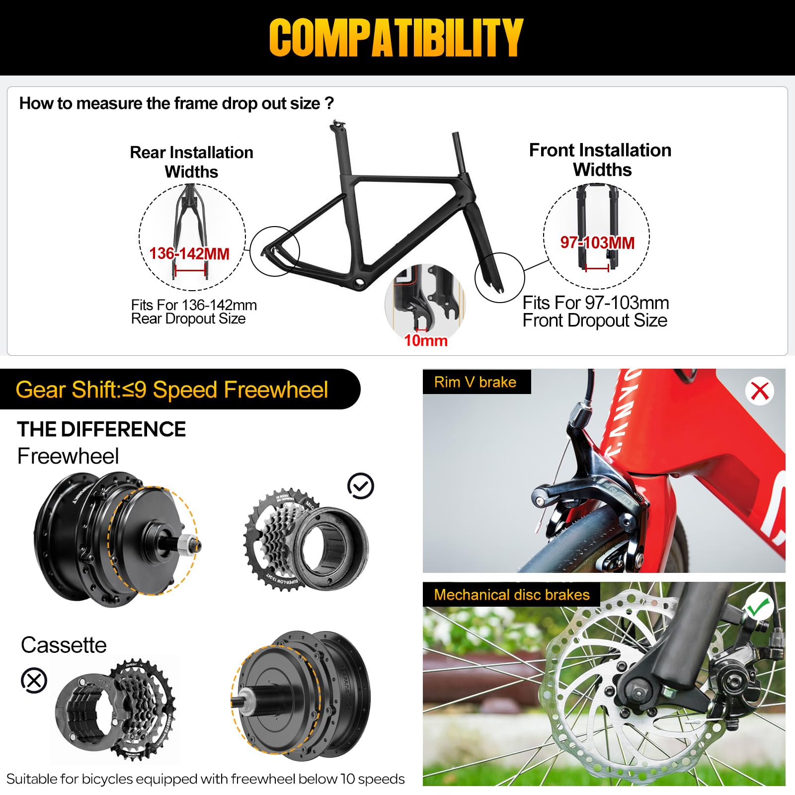 Moteur Moyeu 36V 250W Vélo Électrique 26" 27,5" 700C | Moteur Moyeu Avant Arrière 250W sans Balais, Installation Facile, Roue Libre à Visser, Couple Max. 42 Nm, 25 km/h, IPX5