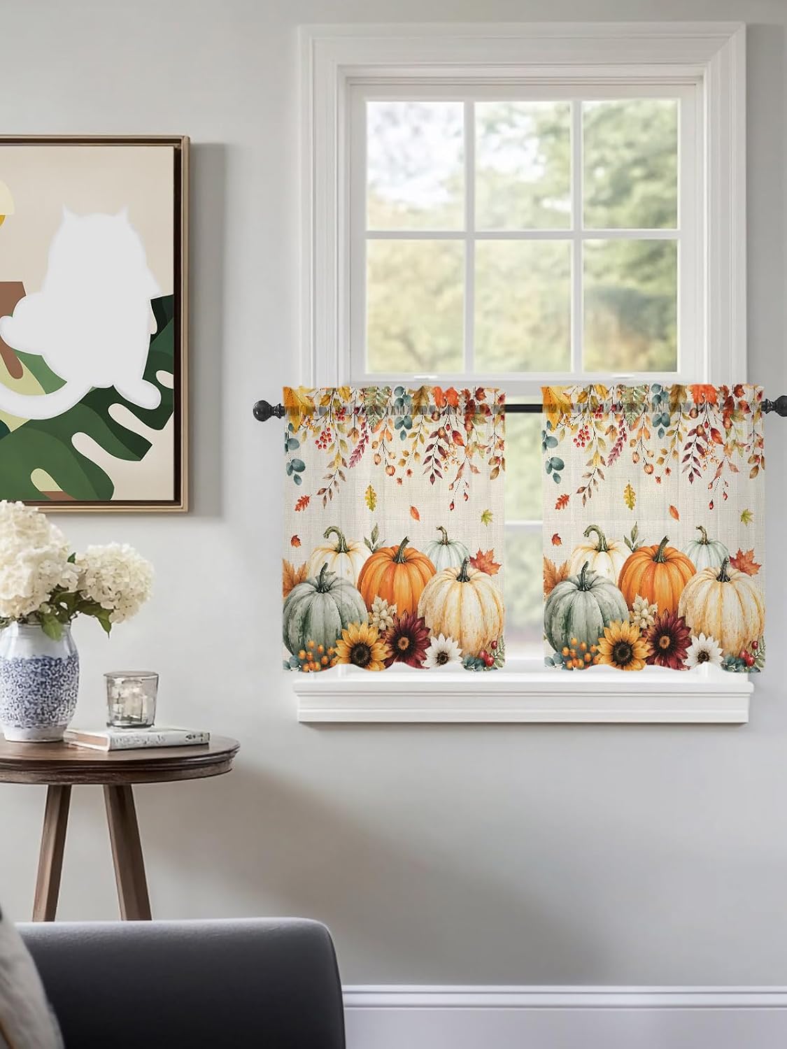 Thanksgiving Sheer Kitchen Tier Curtains 24 inch length,Fall Green Orange Pumpkin Small Half Curtains,Vintage Leaves Flroal Rod Pocket Valance Short Cafe Bathroom Window Treatments 27.5"x24" 2 Panels