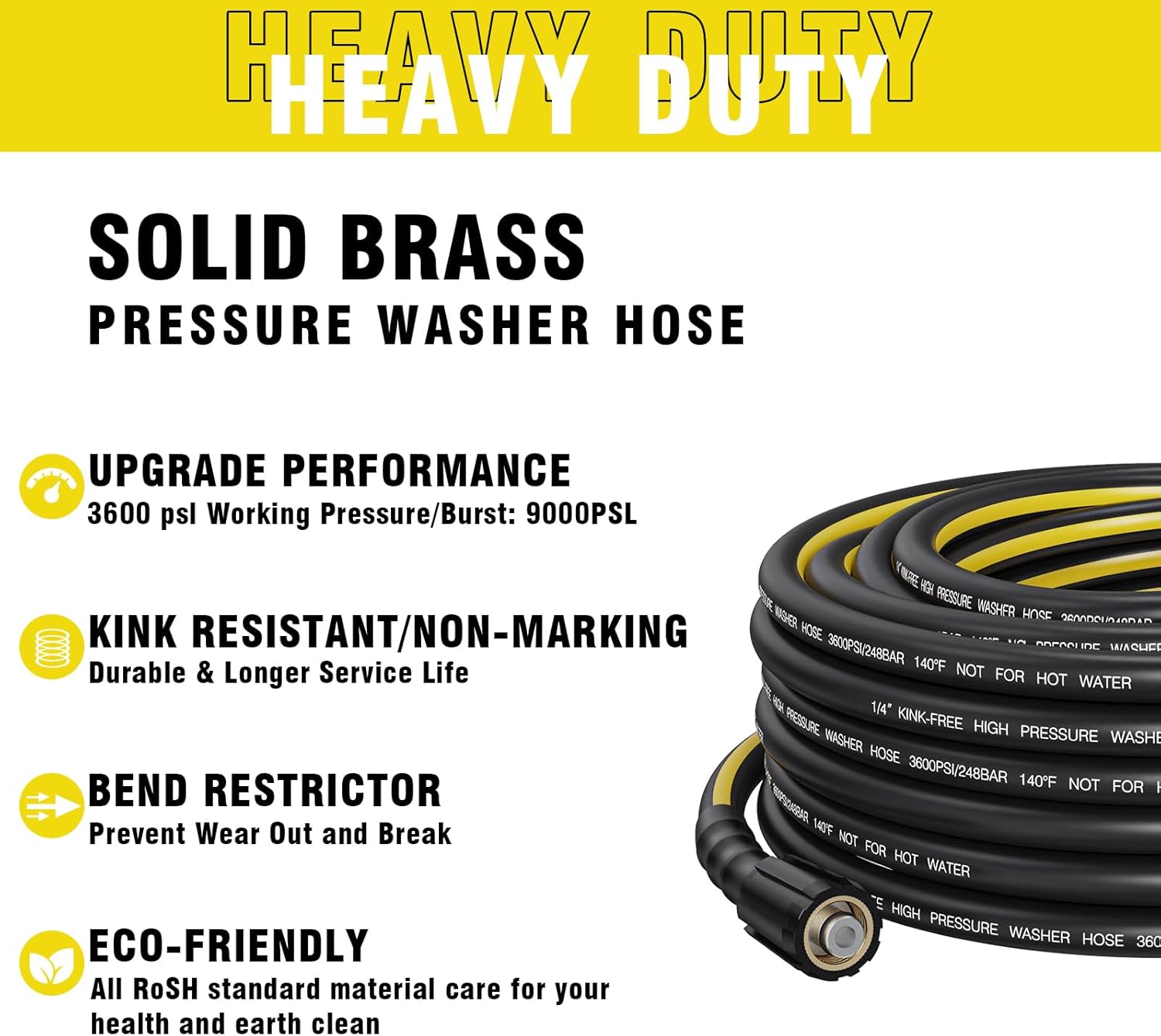 50FT Power Washer Hose, 3600 PSI 1/4'' Kink Resistant Pressure Washer Hose with 5-Pack M22 and 3/8" Quick Connection Kit, High Pressure Replacement Hose with Storage Belt for Gas & Electric Washers