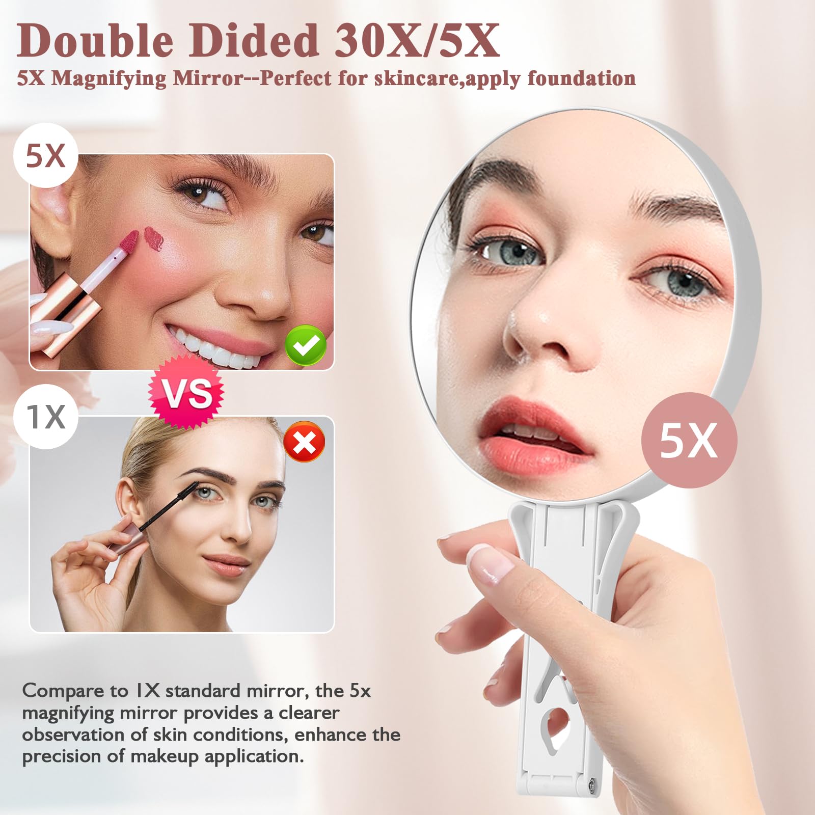 Vergrößerungsspiegel, doppelseitig, 30-fach/5-fach, Präzisions-Make-up mit 30-facher Vergrößerung und Gesamtansicht bei 5-facher Vergrößerung, Reise-Make-up-Spiegel mit Griff und Tischständer