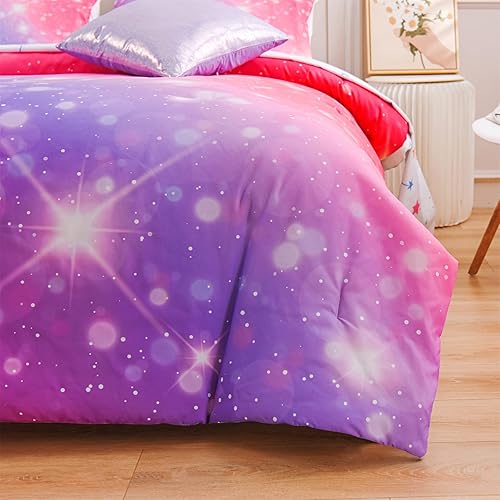 Miniatura 8 de A Nice Night Juego de ropa de cama de 6 piezas con purpurina degradada para niñas, juego de edredón colorido de galaxia arco iris, juegos de ropa