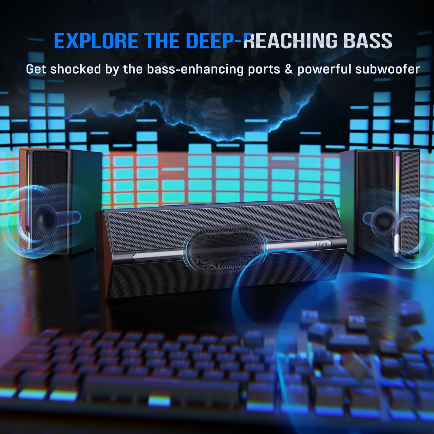 FIFINE Sistema di altoparlanti per computer con subwoofer, altoparlante da gioco per PC con RGB, controllo del volume, monitoraggio, ingresso AUX da 3,5 mm, altoparlanti alimentati a corrente
