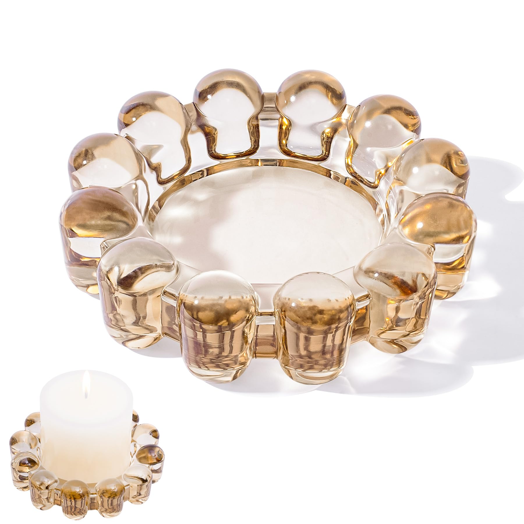 Romcanmy Bubble Candle Plate for Pillar Candles, Round Smoky Glass Candle Holder with Beads Rim, Modern Transparent Tea Light Holder for Table Centrepiece, Wedding, Party, Festival, Home Decor