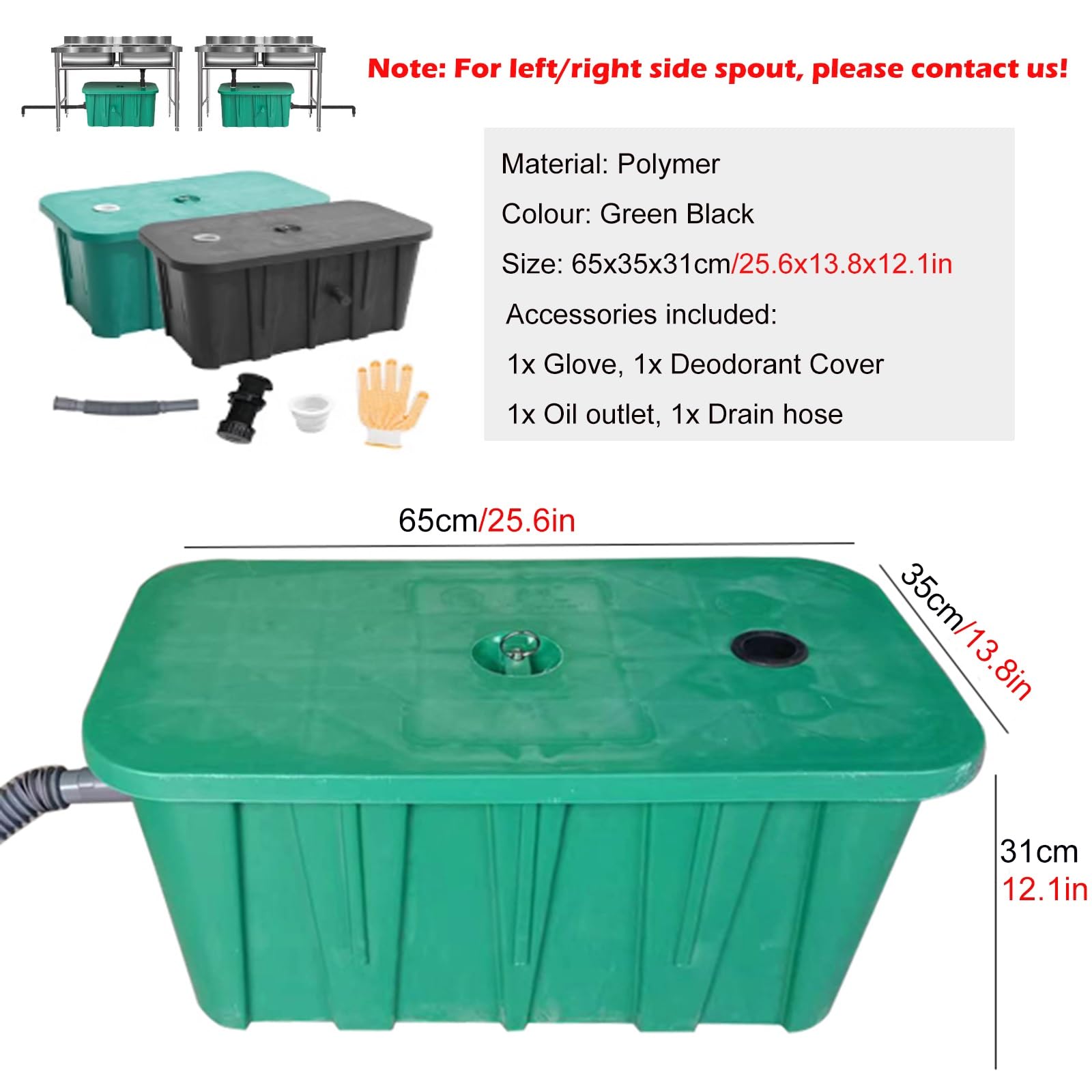 Polymer Grease Trap For Home Kitchen, 10 Lb Under Sink- Grease Interceptor With Removable Baffles, Food Truck Canteen Smoothie Shop Fast-food Chains Grease Disposal System (Color : Green, Size : 65x