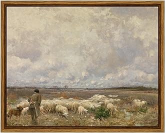 ARPEOTCY Vintage Wall Art, Farm Pasture Sheep Retro Painting Art Decor Aesthetic, Framed Canvas Print Artwork, Meadow Nature Landscape Wall Pictures for Room Decorations,8x10 Inch