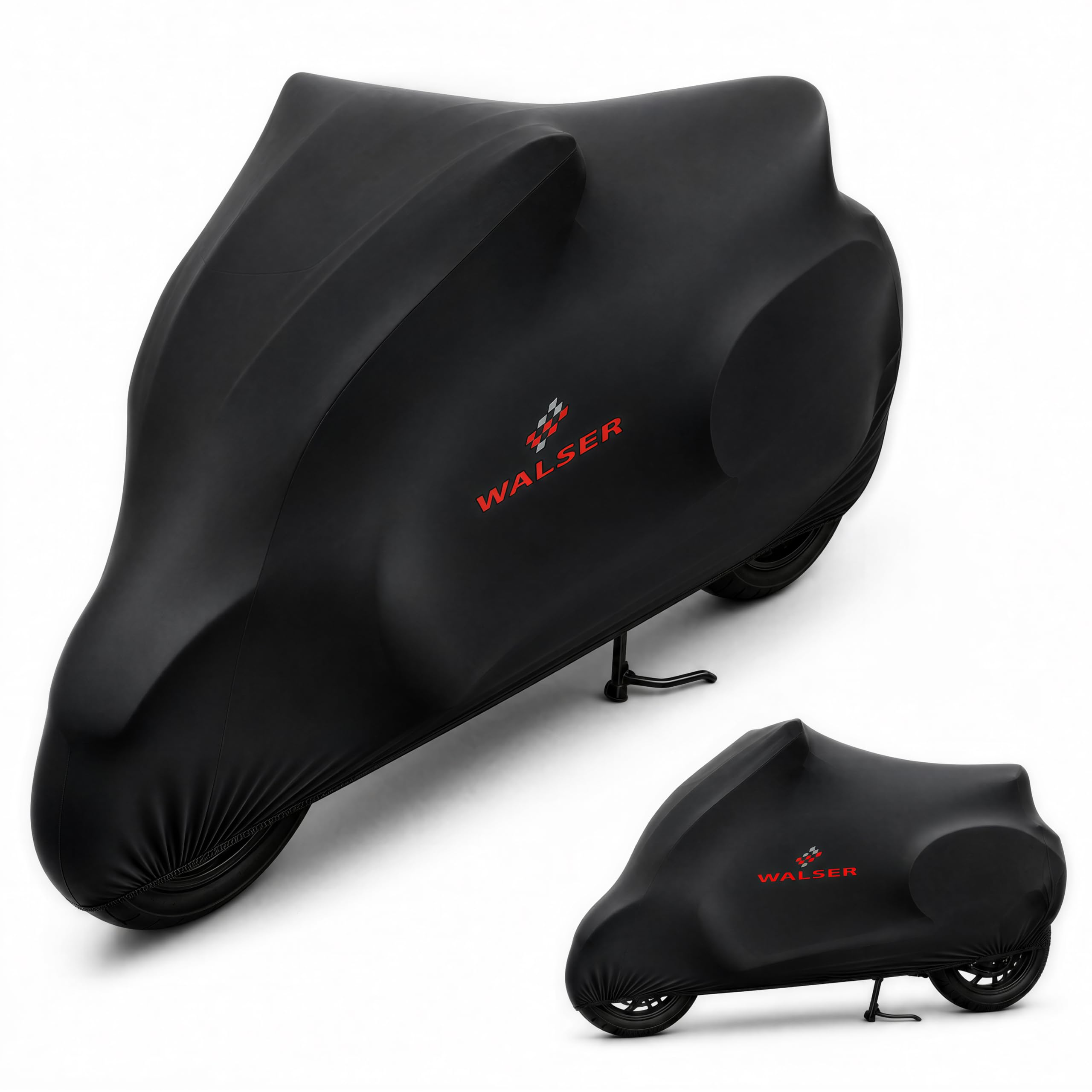 WALSER Housse Moto Indoor XL 255x110x135 cm - Bache Moto Stretch respirante, Protection Anti-poussiere XXL pour Grandes Motos & Choppers, Garage Moto Interieur noir incl. Sac