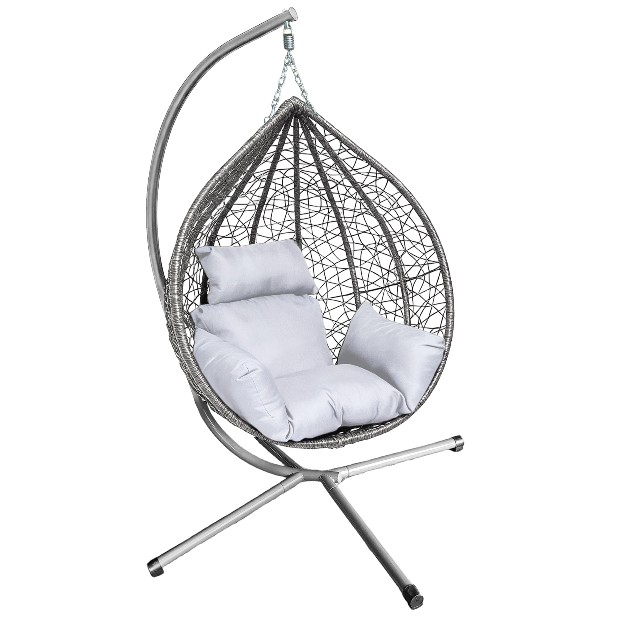 Garden Swing Egg Chair Seat Rattan Hanging Hammock with Cushions Stand Outdoor Indoor Furniture (Grey Egg Chair & White Cushion-Four cornered)