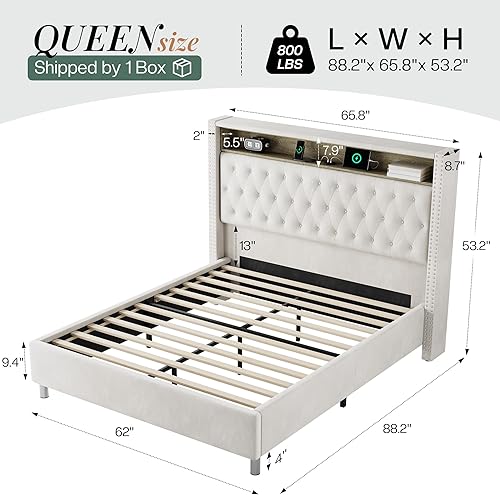 Miniatura 26 de Jocisland Base de cama tamaño Queen de 53.6 pulgadas de alto, cabecero de almacenamiento con luces LED y estación de carga, cama tapizada de Negro