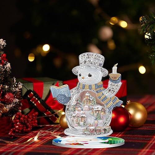 Miniatura 6 de Orgone Kit de adornos de escritorio de pintura de diamante de muñeco de nieve 5D con forma especial, diamantes de imitación de madera, adorno de