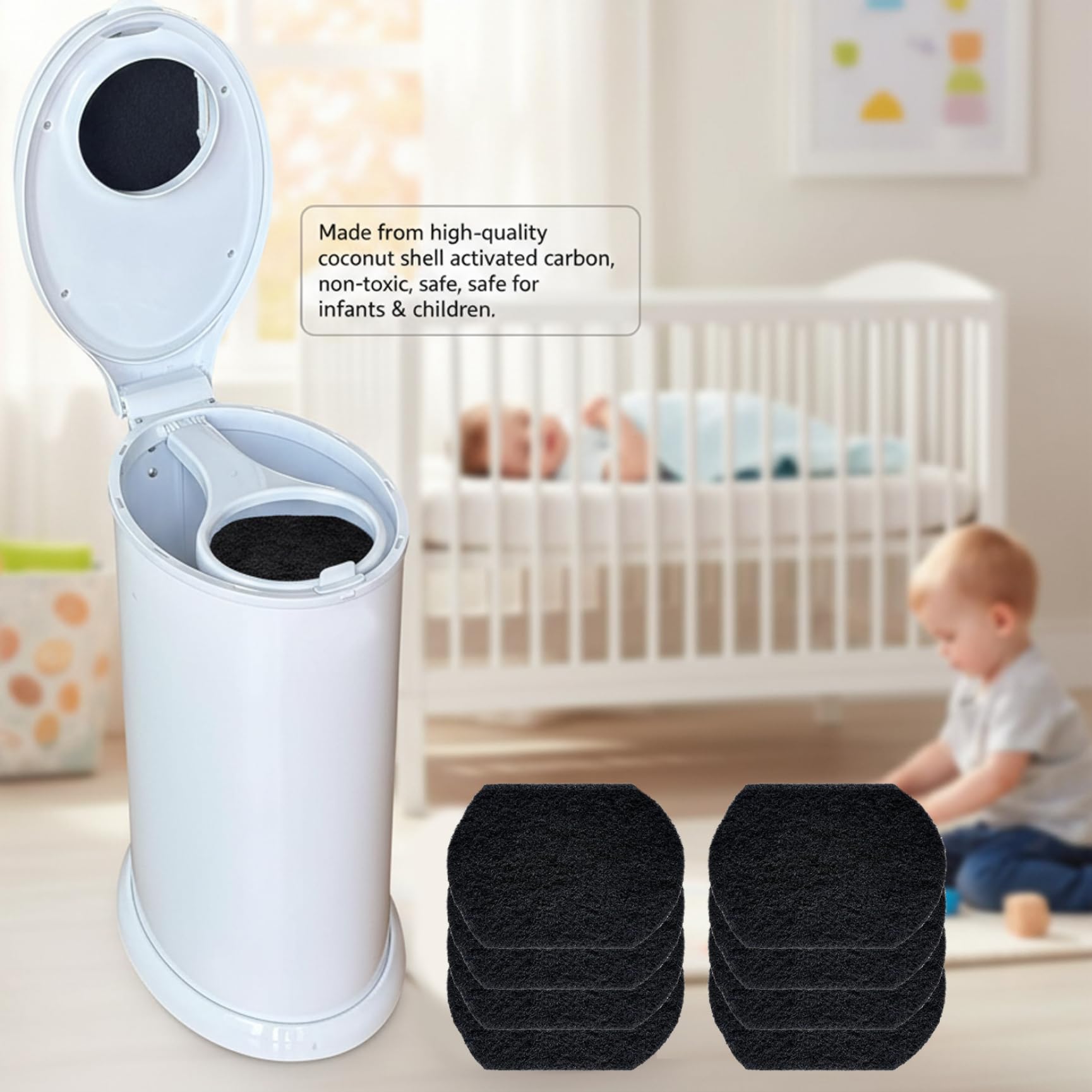 Désodorisant pour seau à couches 8 pièces, éliminateurs d'odeurs de seau à couches, filtres charbon actif absorbant les odeurs pour poubelle de bébé, éliminateurs pour