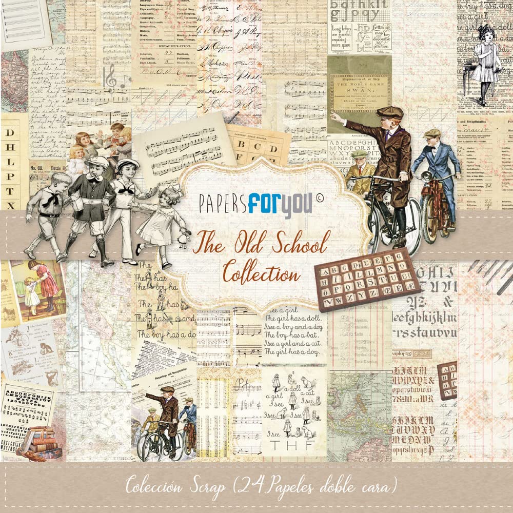 PAPERSFORYOU Papers for You - Scrapbooking and Craft Paper Kit The Old School Collection | Includes 24 Double Sided Papers with Different Patterns | Size 16,76 x 16,76 cm (6.6" x 6.6")