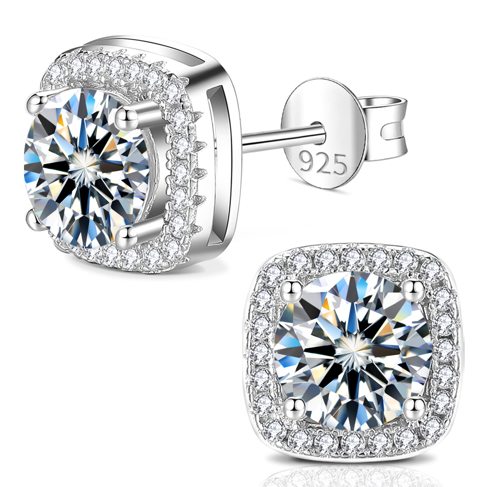 Howoo Pendientes de tuerca de plata de ley pura con moissanita para hombre y mujer, regalos para ella con caja de regalo, Acero inoxidable, Moissanita
