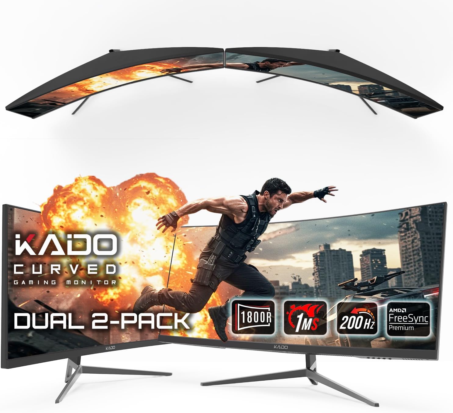 Kado Dual Gaming Monitor Setup - 2-Pack 30" Curved 1800R 200Hz 1ms Ultrawide 21:9 2560x1080 Computer Monitor, Stacked Gaming AMD FreeSync Premium, VESA Mount HDMI DisplayPort Built-in Speakers
