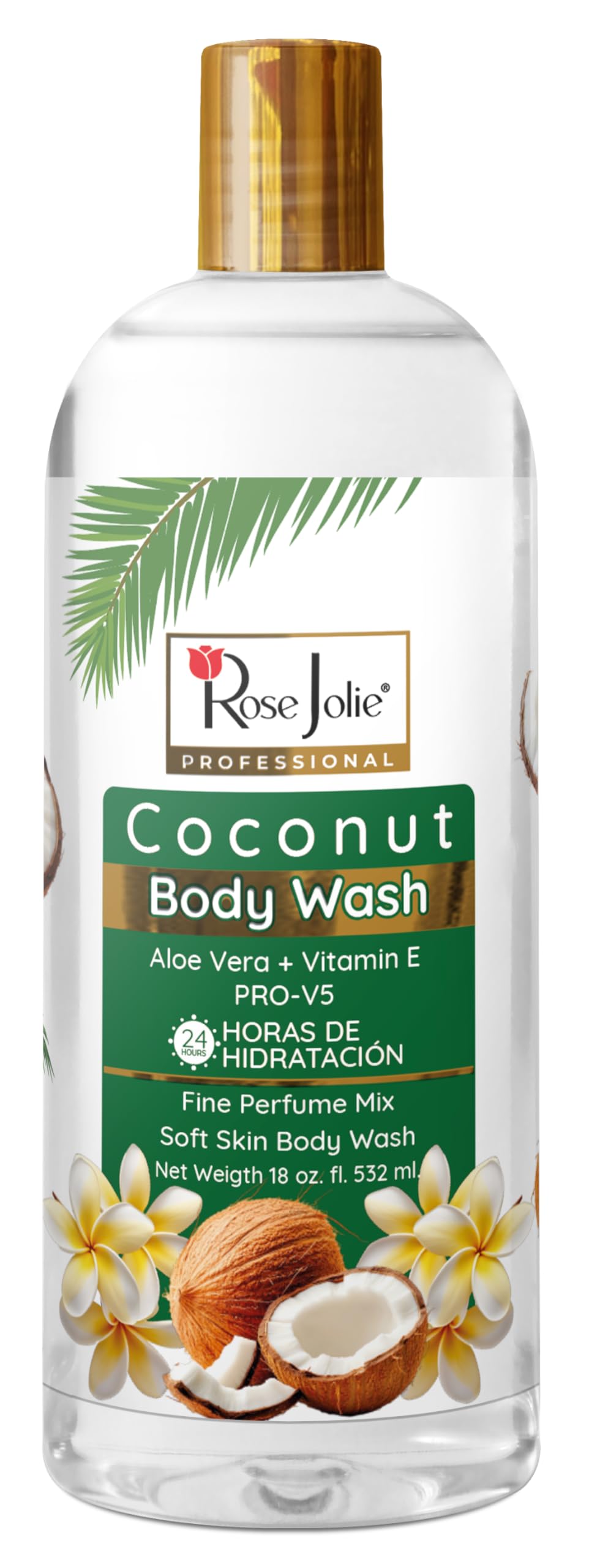 Rose Jolie Coconut Body Wash with Aloe Vera Vitamin E 24-Hour Hydration Moisturizing Body Cleanser for All Skin