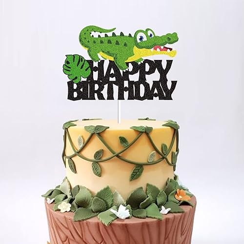 Miniatura 4 de Decoración de pastel de cocodrilo con temática de animales, suministros de fiesta de cumpleaños negro y verde con purpurina temática de cocodrilo