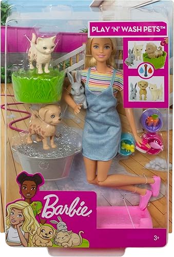 Miniatura 7 de Barbie Play n Wash Pets - Conjunto de juego con muñeca rubia 3 animales que cambian de color un cachorro gatito y conejo y 10 accesorios para