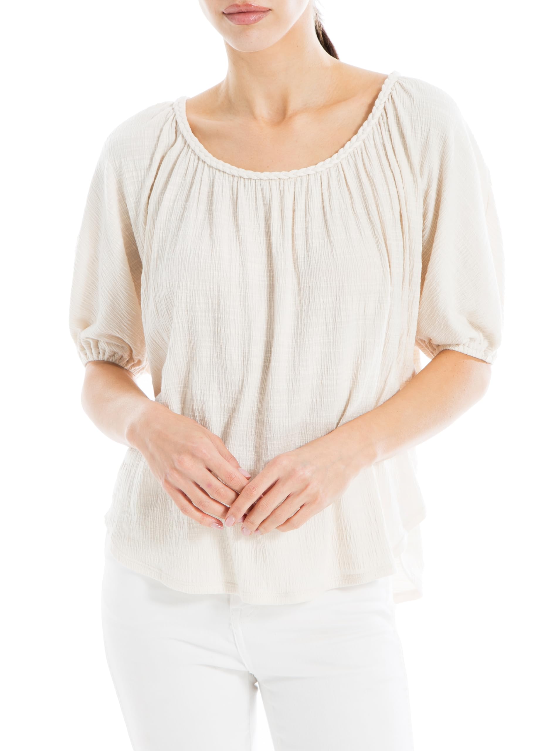 Max StudioWomen's Bubble Short Sleeve Textured Top, Pull-On with Crew Neckline