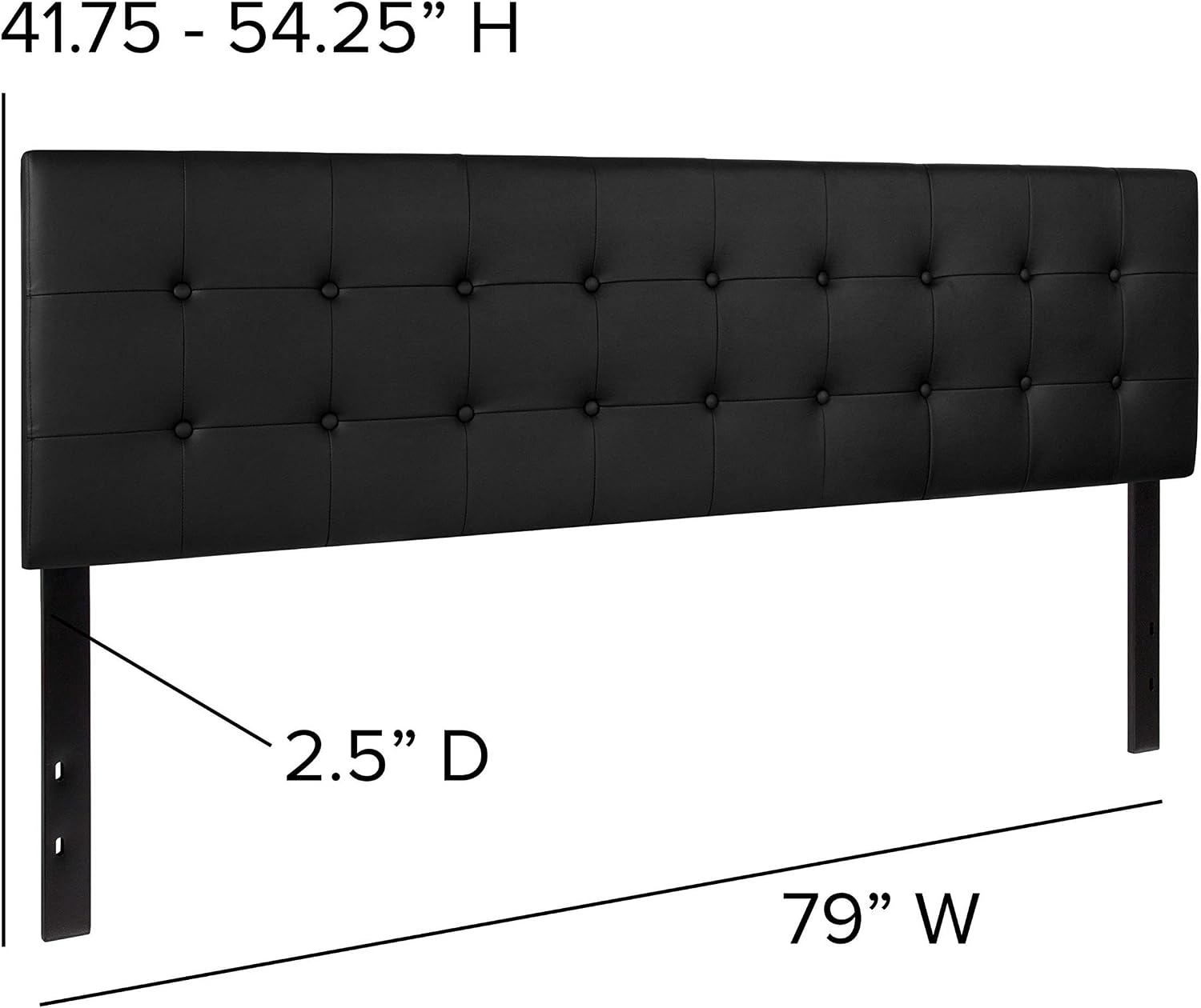 Pemberly Row Modern Upholstered King Panel Headboard, Black Vinyl Finish, 79 in Wide, Button Tufted with Box Stitching, Adjustable Metal Bed Rail Slots, Bedroom Furniture