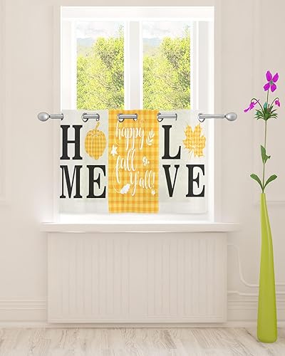 Quote Words Sheer Curtains 24 Inch Length Light Filtering Curtain Panel for Windows, Autumn Pumpkin Orange Plaid Four Prints Grommet Semi Sheer