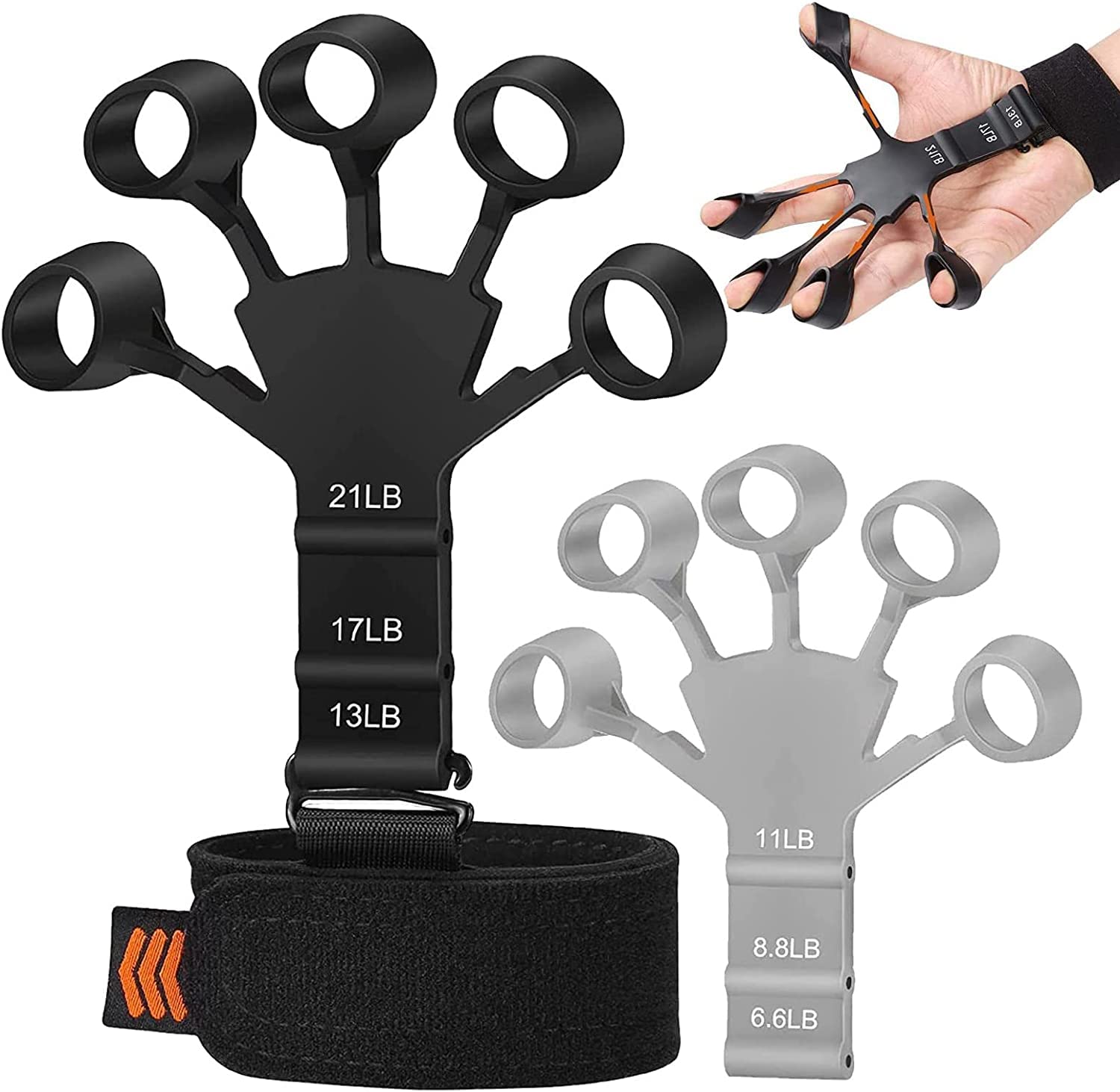 V2COMFinger Strengthener, Grip Strength Trainer, 6 Resistant Level Finger Exerciser, Hand Exercisers for Strength, Hand Grip Strengthener for Patients Strength Training (Black+Grey)